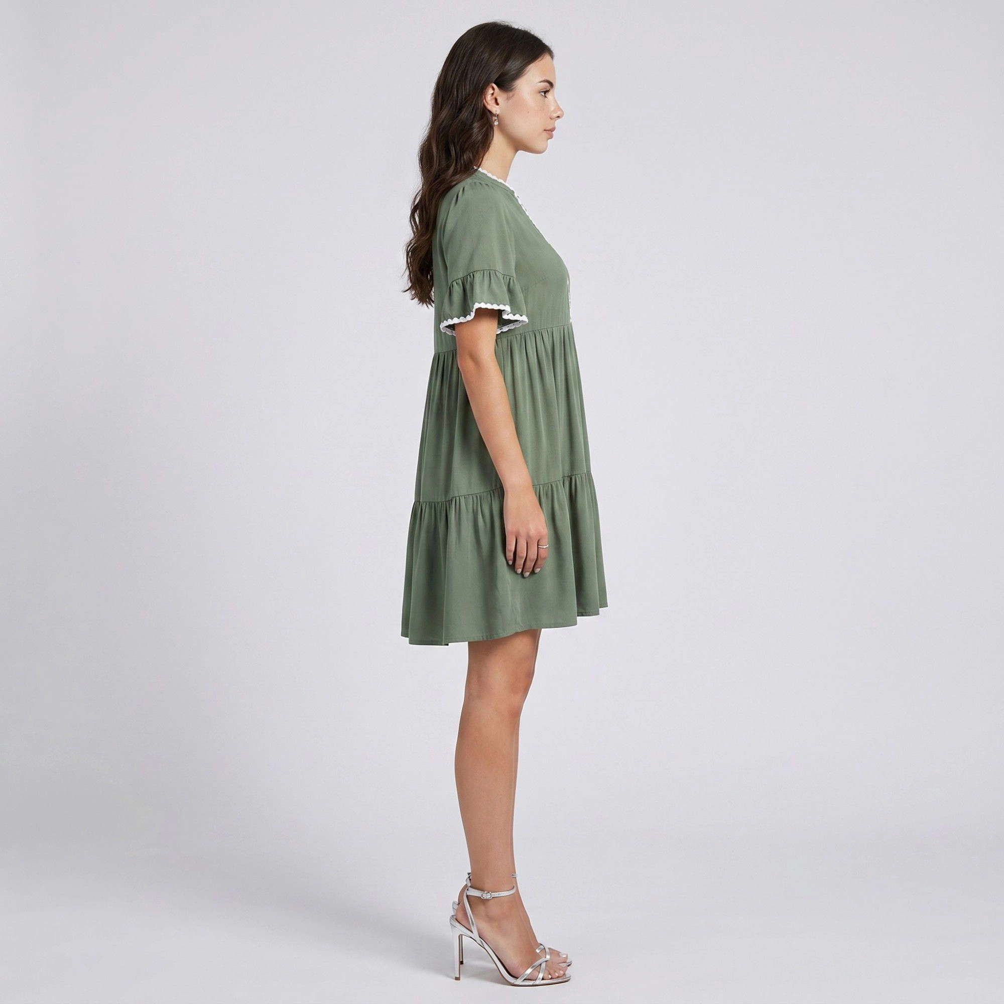 Anna-Kaci Women's Lace Trim V Neck Flutter Sleeve Tiered Gathered Waist Flowy Relaxed Silhouette Mini Dress
