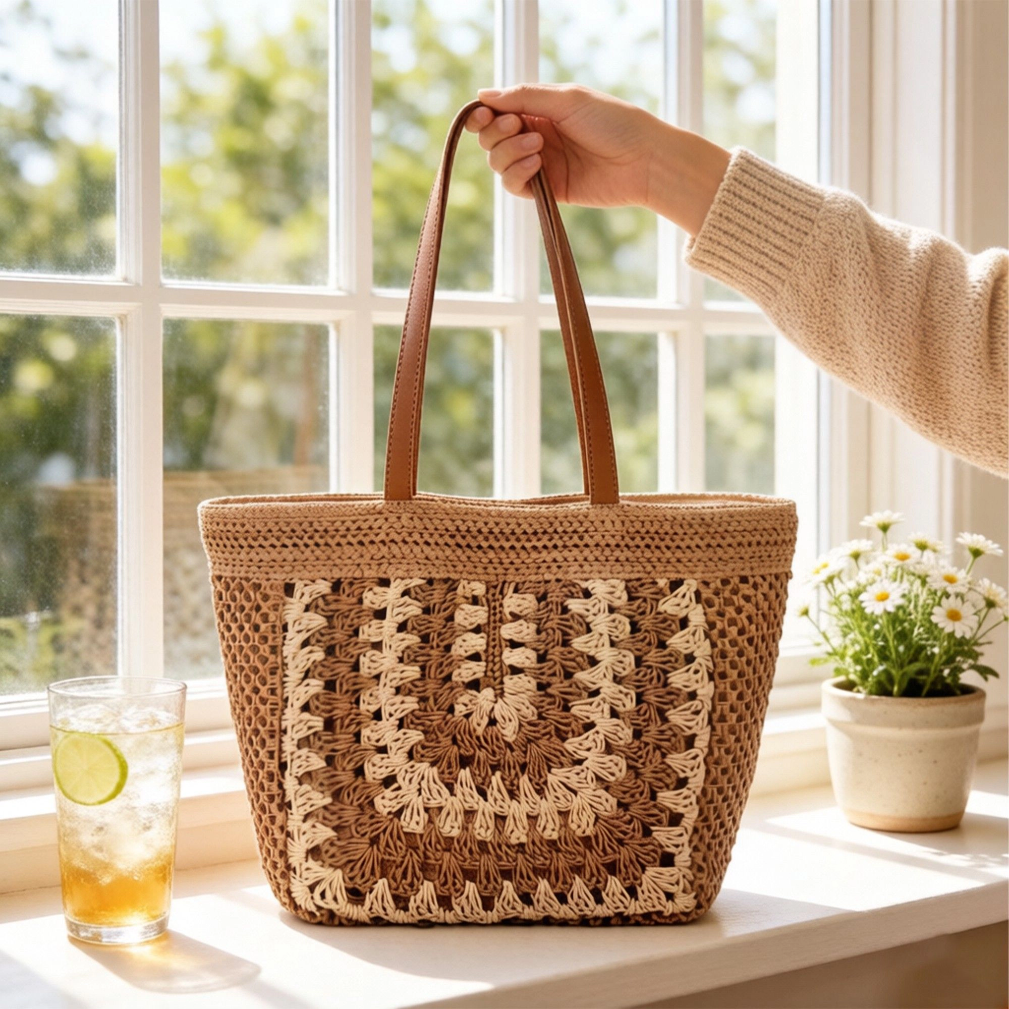 Alilang Women's Woven Crochet Tote Bag with Openwork Panel Design Leather Shoulder Strap Lightweight Knit Handbag