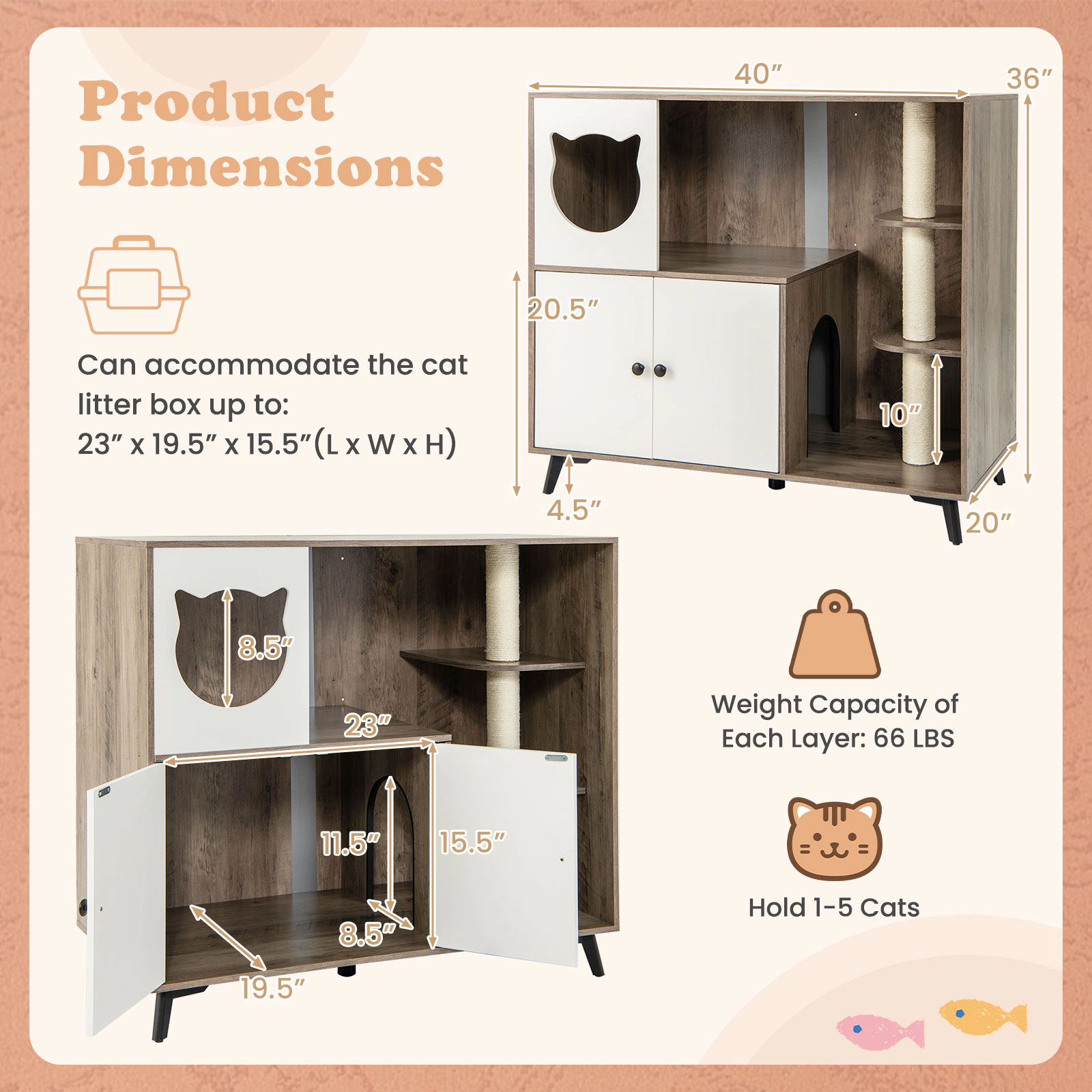 SUGIFT 40 x 36-in 66-lb Layer Capacity Natural Cat Litter Box Enclosure Cat Condo with 3 Sisal Scratching Posts