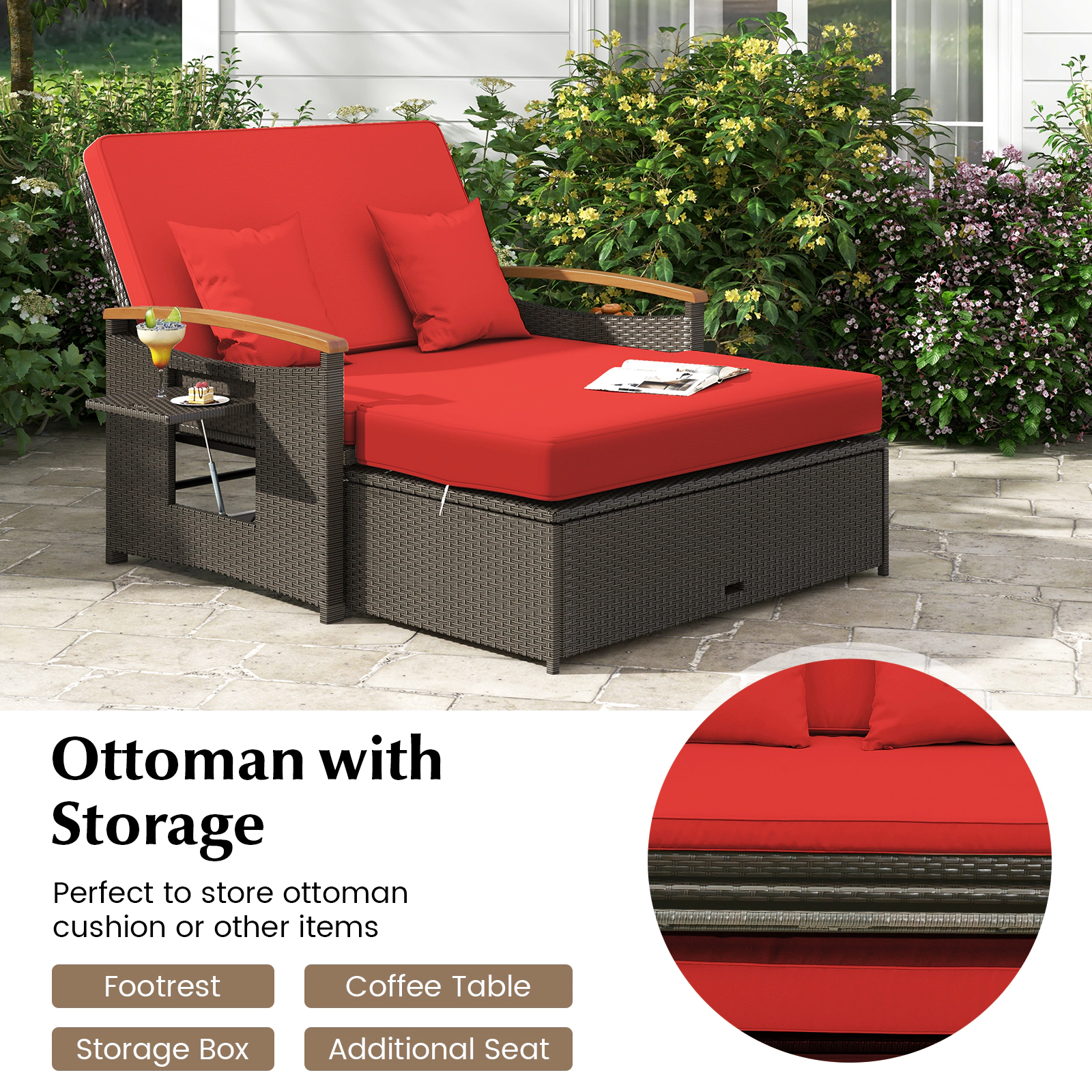 SUGIFT Folding Backrest Panels Storage Ottoman and Throw Pillows Outdoor Wicker Daybed