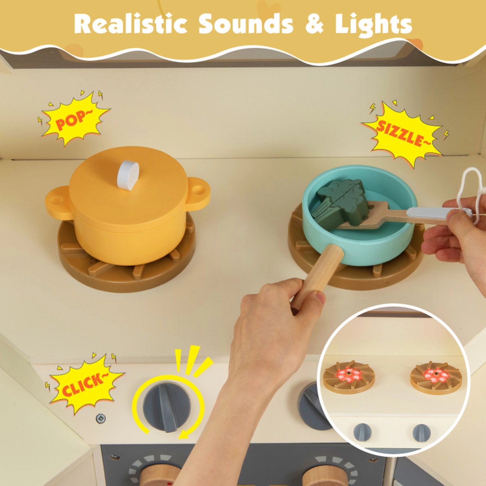 SUGIFT Corner Wooden Kitchen Toys with Lights and Sounds with Pull-out Trash Can 46-in Wide Ages 3+ Off White