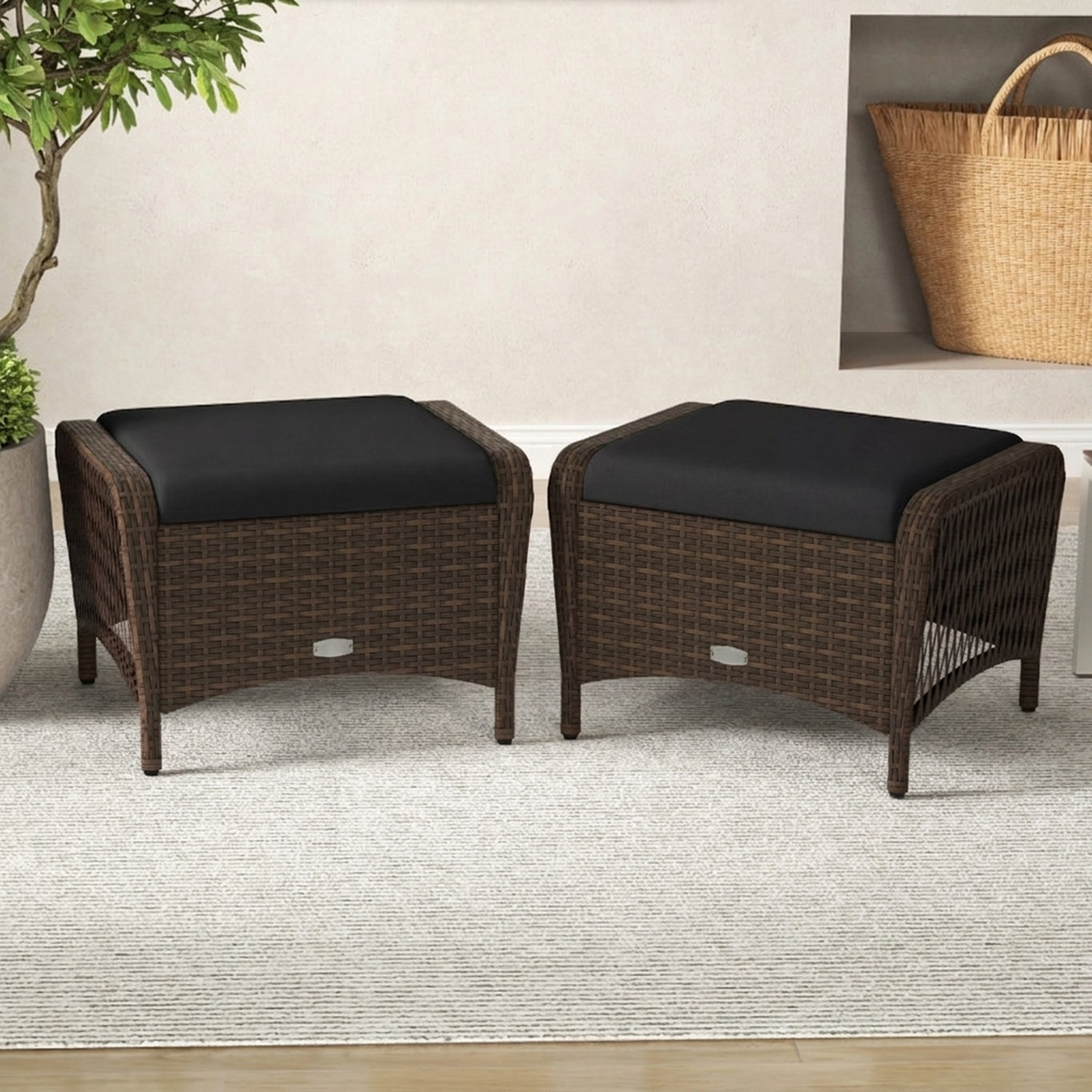 SUGIFT Removable Cushions Set of 2 Outdoor Patio PE Wicker Ottomans