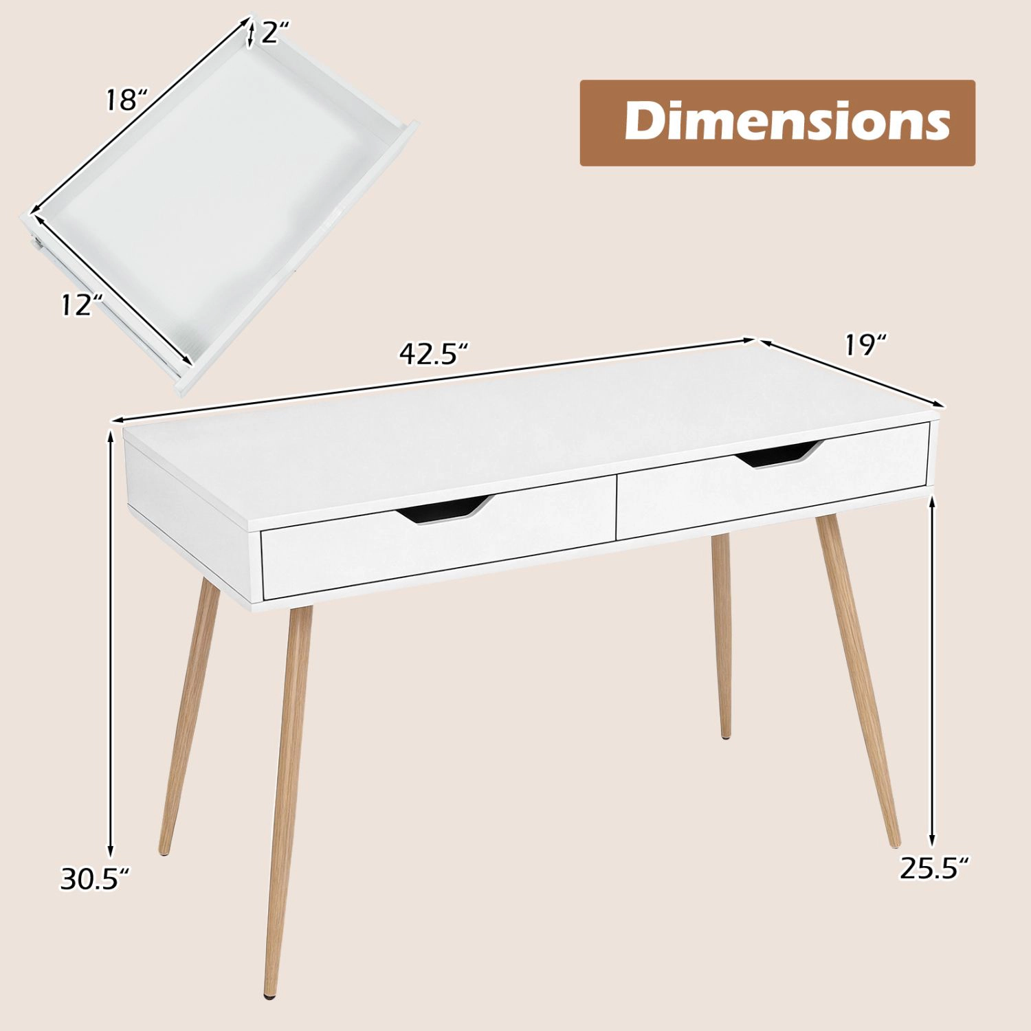 SlickBlue Small Computer Desk with 2 Drawers and Anti-Tip Kits