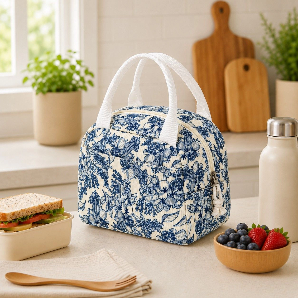 Alilang Women's Printed Insulated Lunch Tote Bag with Double Handles and Zip Closure, Orange Bee