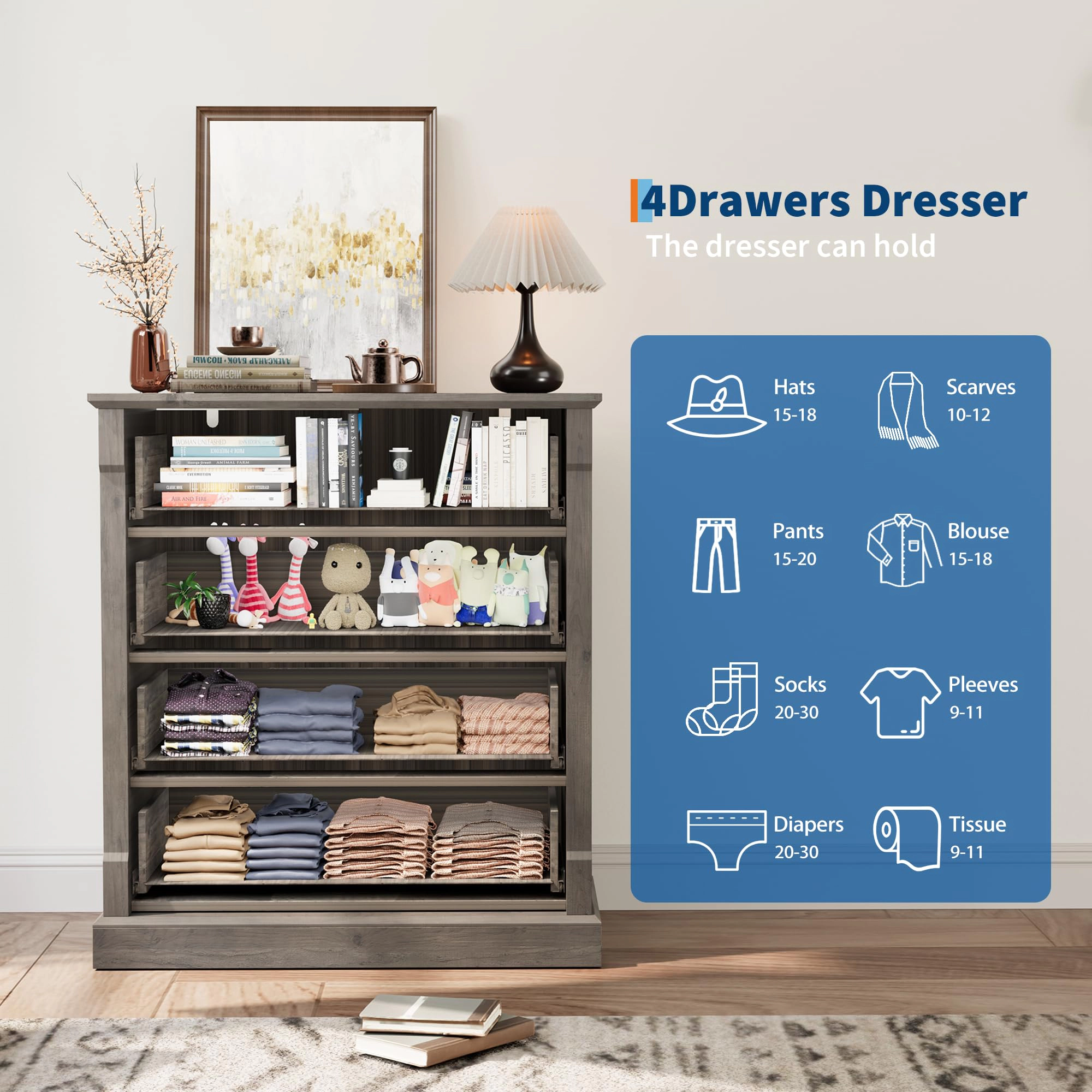 Farmhouse 4 Drawer Tall Dresser with Metal Handles, Rustic Wooden Chest for Bedroom Living Room Hallway