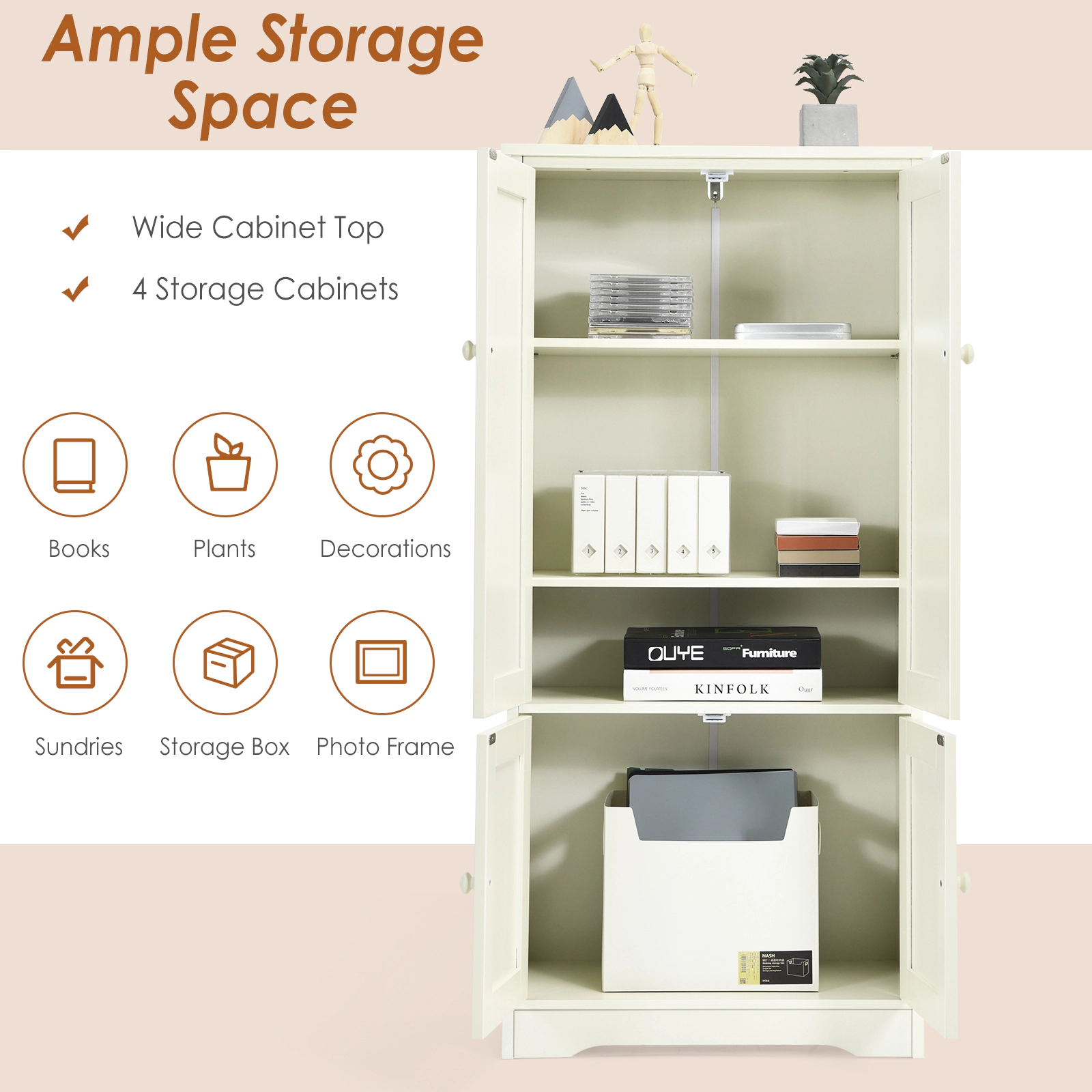 SUGIFT 49-in Tall 24-in Wide White Antique Accent Storage Cabinet with 2 Doors and 5-Height Adjustable Shelves