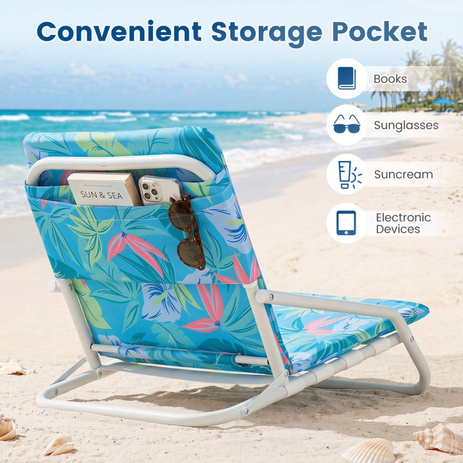SUGIFT Set of 2 Folding Beach Chairs with Sponge Padded Seat 440-lb Capacity Navy/Colorful