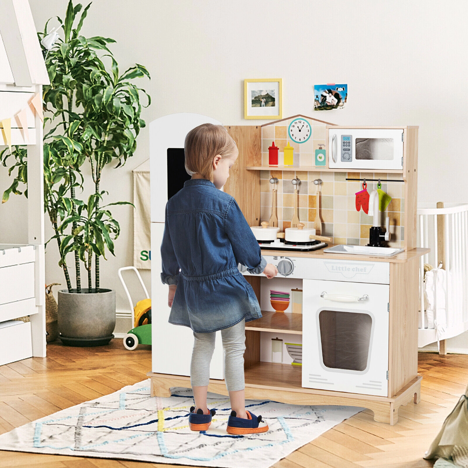 Wooden Play Kitchen Set for Kids Ages 3-7 with Rotating Faucet Oven Microwave and 5-pc Cookware 32-in x 11.5-in x 35-in