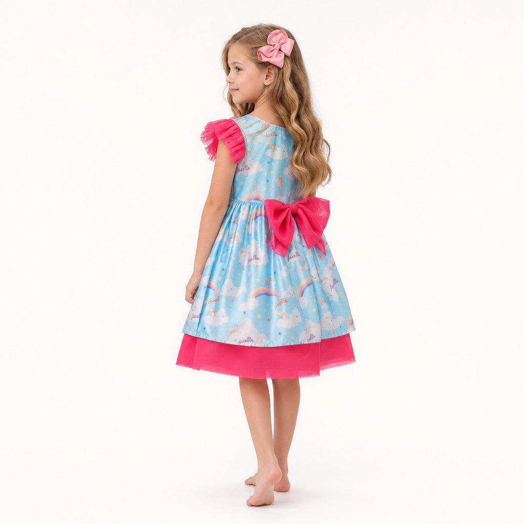 Faeella Girls Dreamy Sky Cloud Print Tulle Birthday Dress