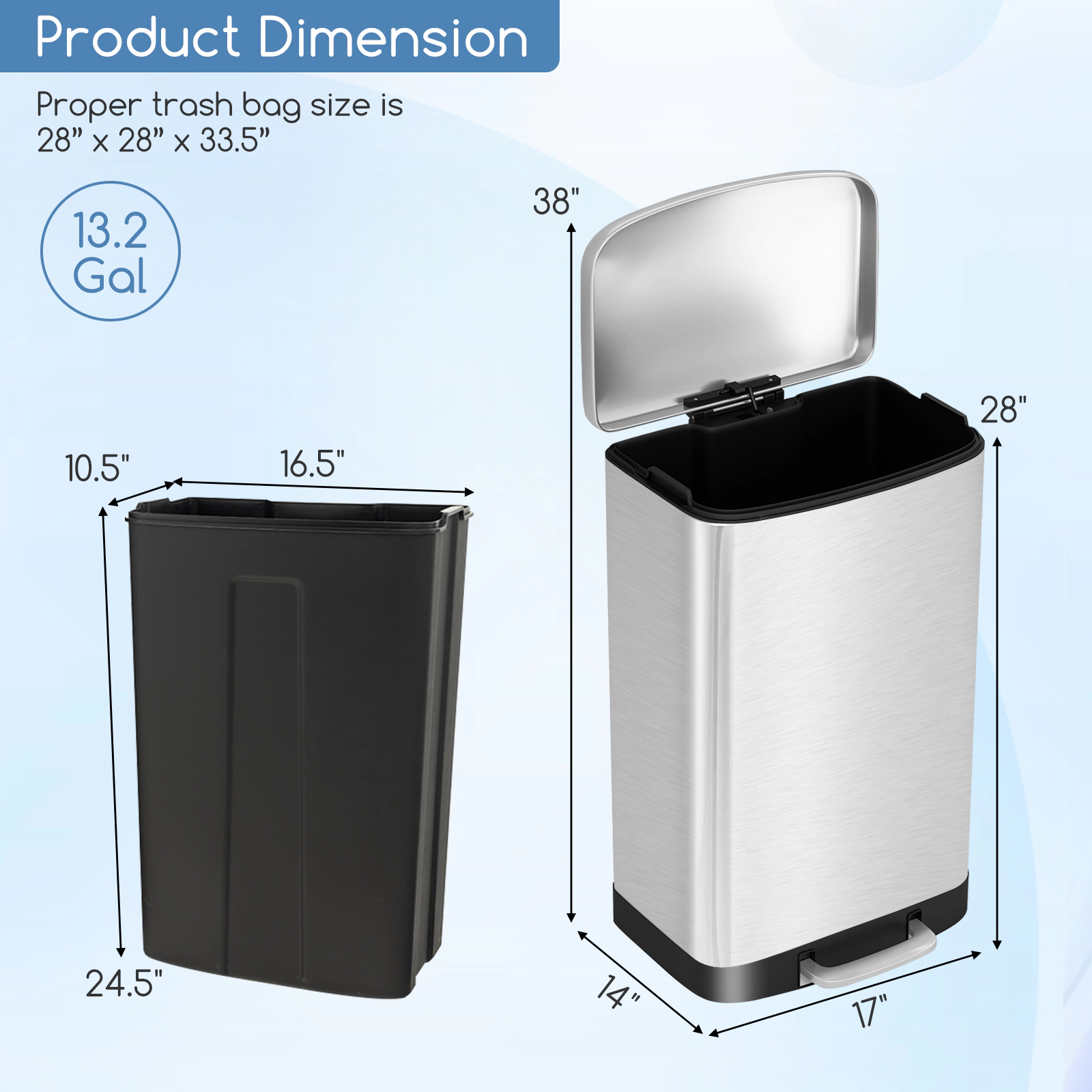 Hivvago 13.2 Gal Stainless Steel Trash Can with Lock Device