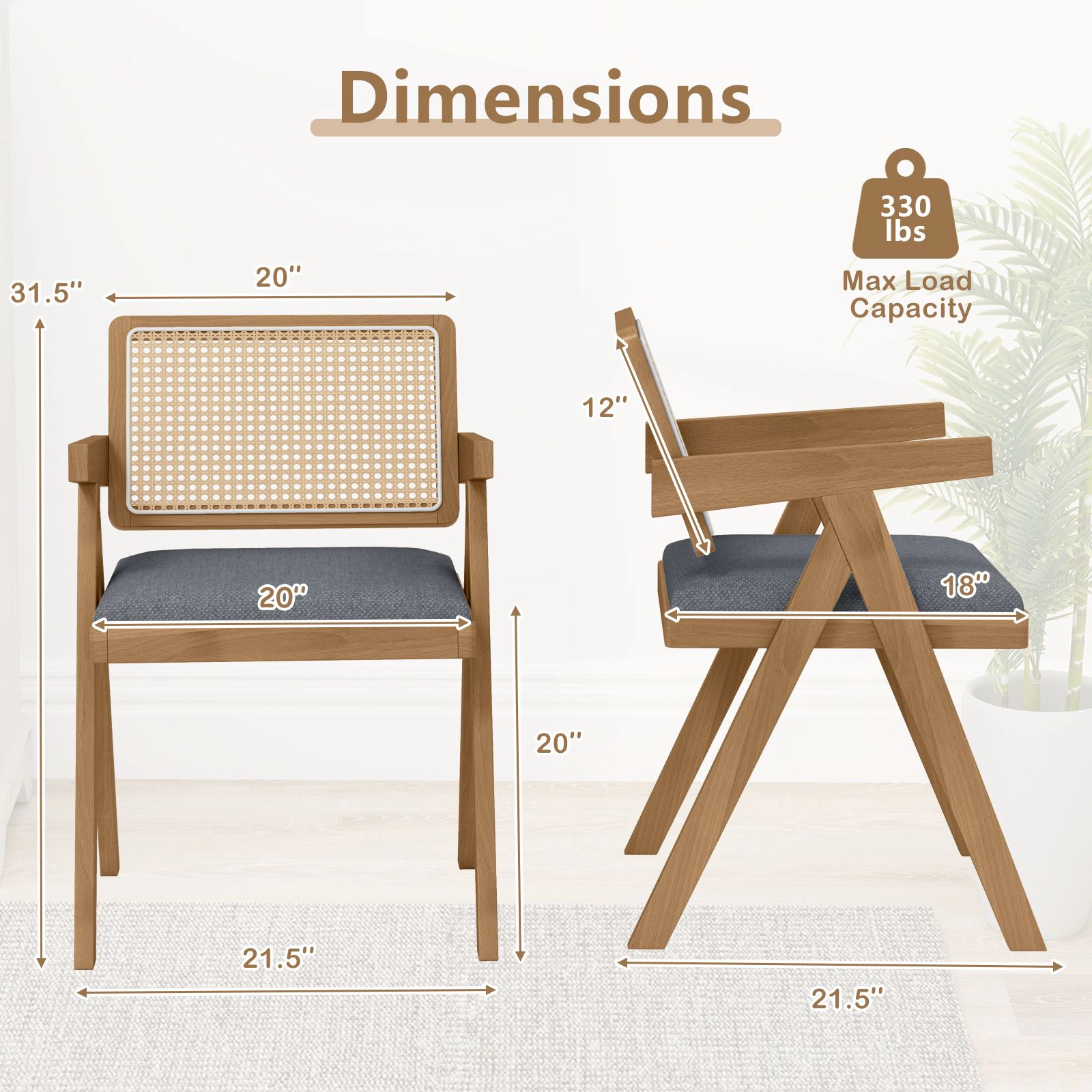 SlickBlue Set of 2 Natural Rattan Accent Chair with Padded Seat & Wood Frame