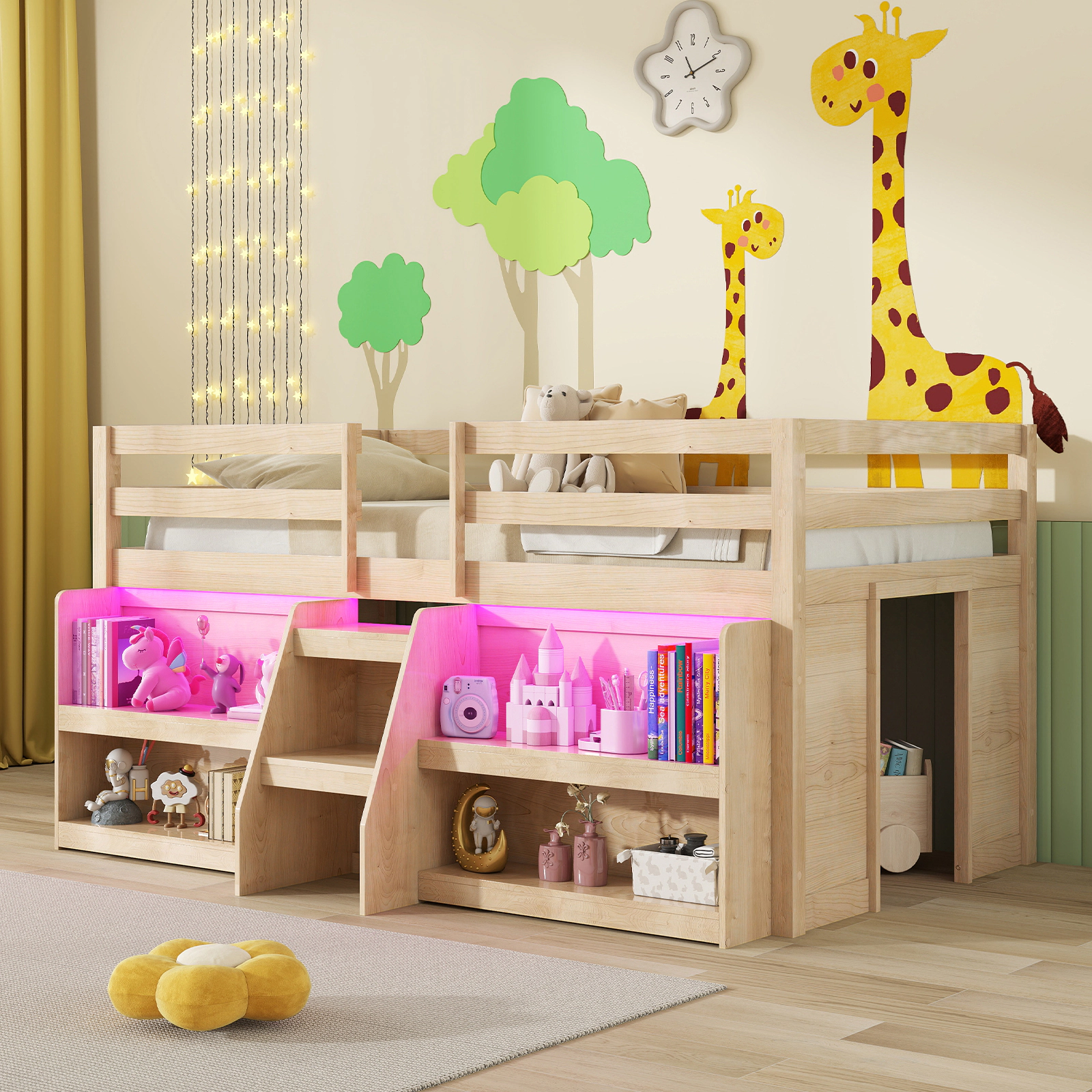 SUGIFT Twin Loft Bed with Staircase, Dimmable LED Lights and 2 Bookshelves