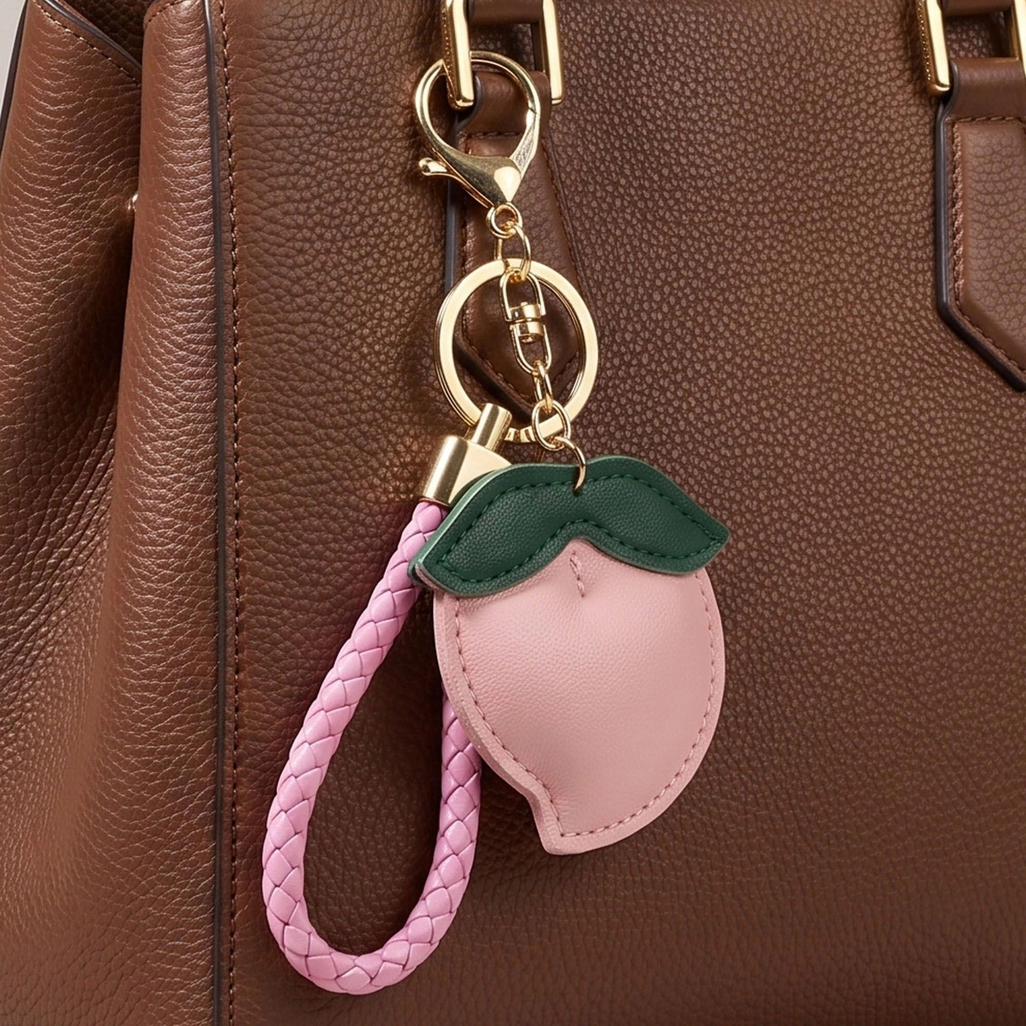 Alilang Women's Peach Bag Charm with Braided Leather Loop and Gold Tone Hardware