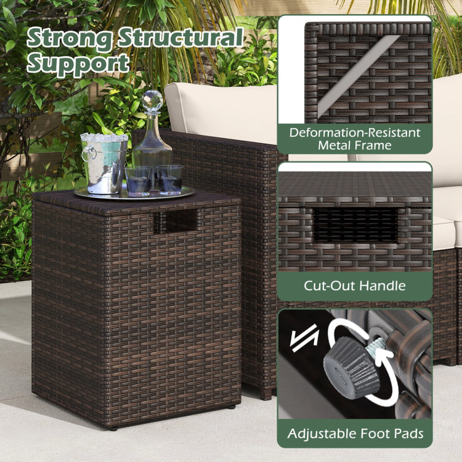 SUGIFT Brown PE Rattan Propane Tank Cover Side Table with Flip Lid 16-in W 16-in D 22.5-in H 80-lb Top Capacity