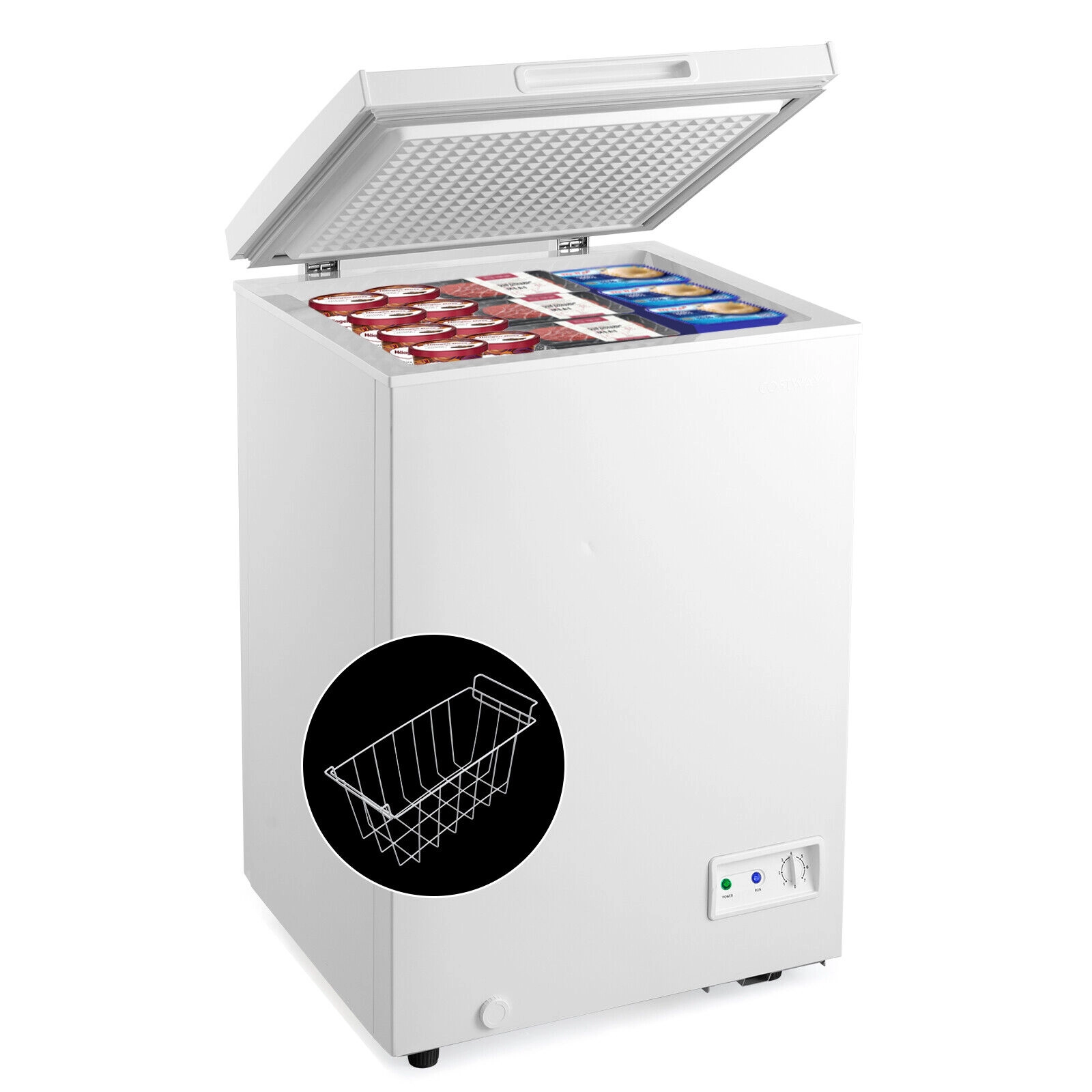 SUGIFT White 3.5-Cu-Ft Compact Chest Freezer with Removable Wire Basket and Flip-Open Lid 7 Temperature Settings