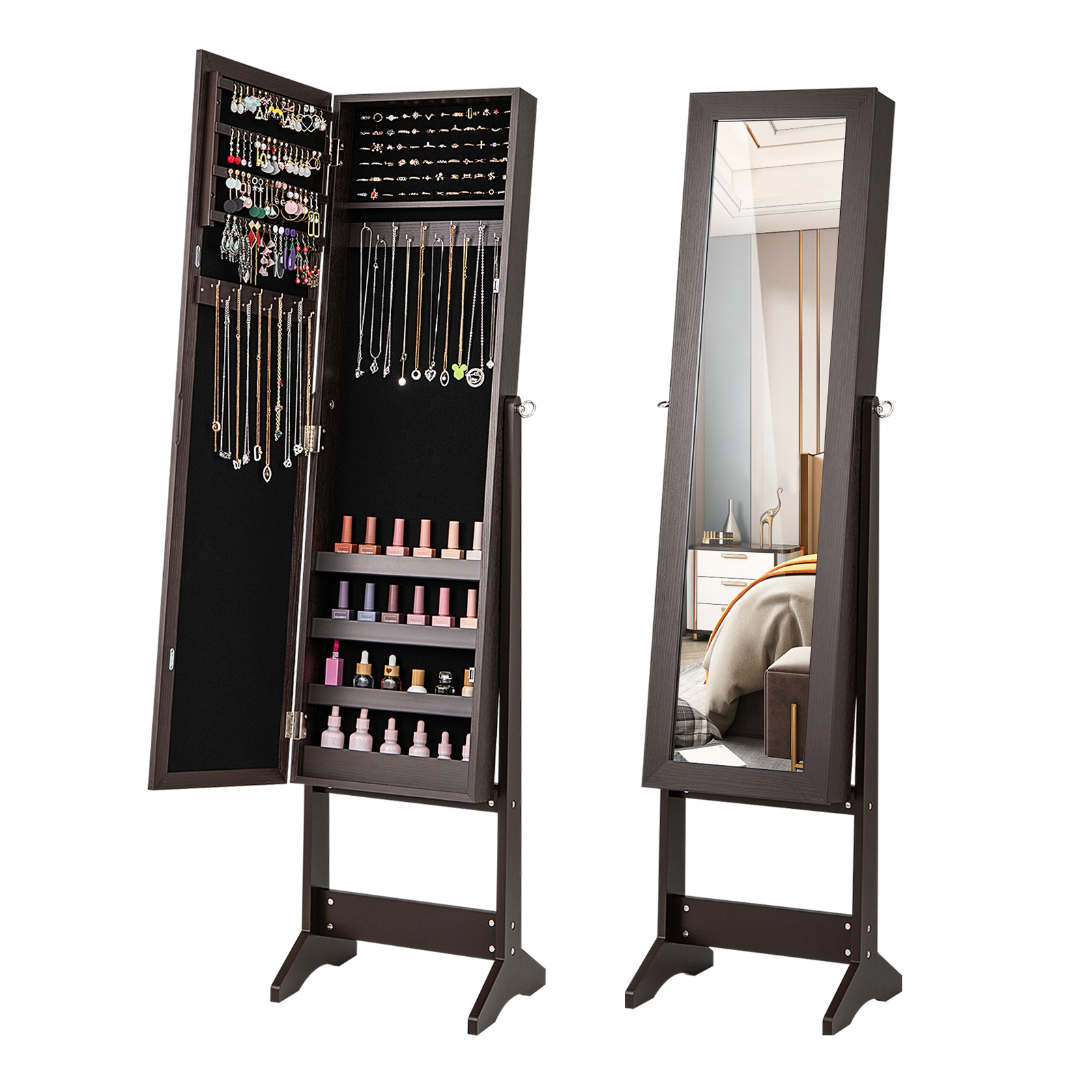 SUGIFT Rustic Brown Mirrored Standing Jewelry Cabinet Storage Box with 41-in Dressing Mirror and MDF Body