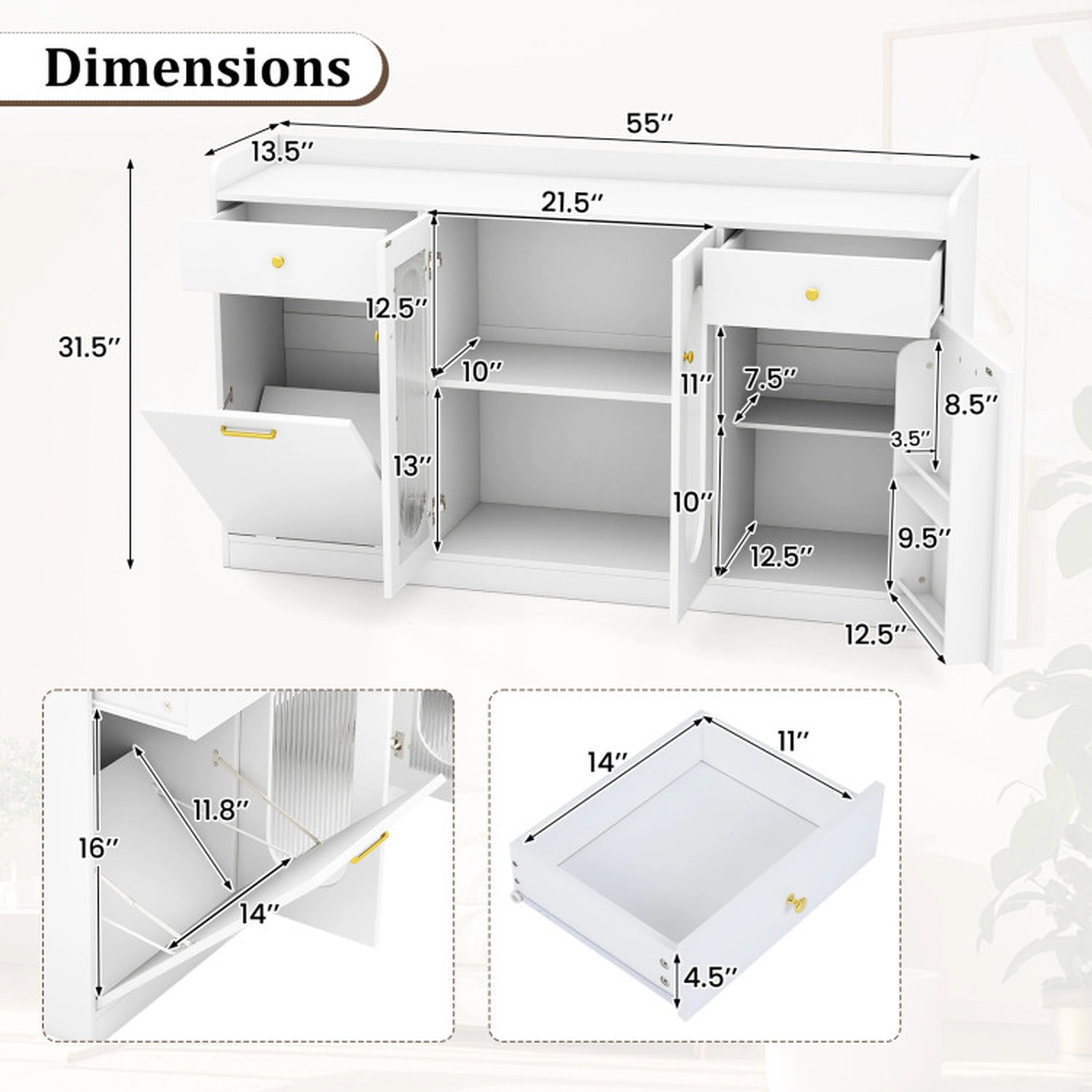 SUGIFT 55-in Hidden Trash Bin Cabinet 2 Fluted Glass Doors 2 Drawers Buffet Sideboard 13.5-in D 110-lb Capacity White