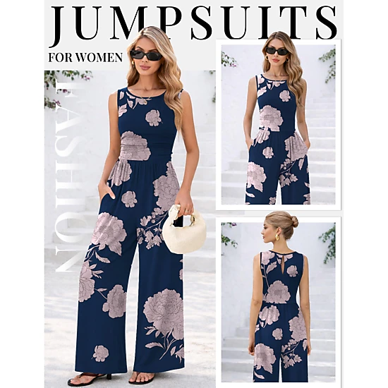 Ekouaer Women's Sleeveless Floral Print High Waist Wide Leg Jumpsuit