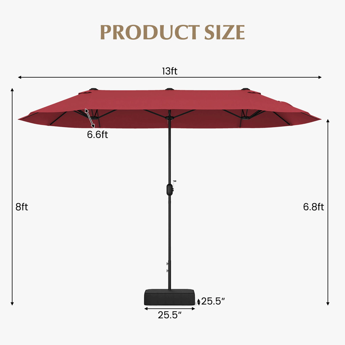 SUGIFT 13-ft Double-Sided Patio Twin Table Umbrella with Crank Handle and Fillable Cross Base 25.5 x 25.5 in Stand Wine
