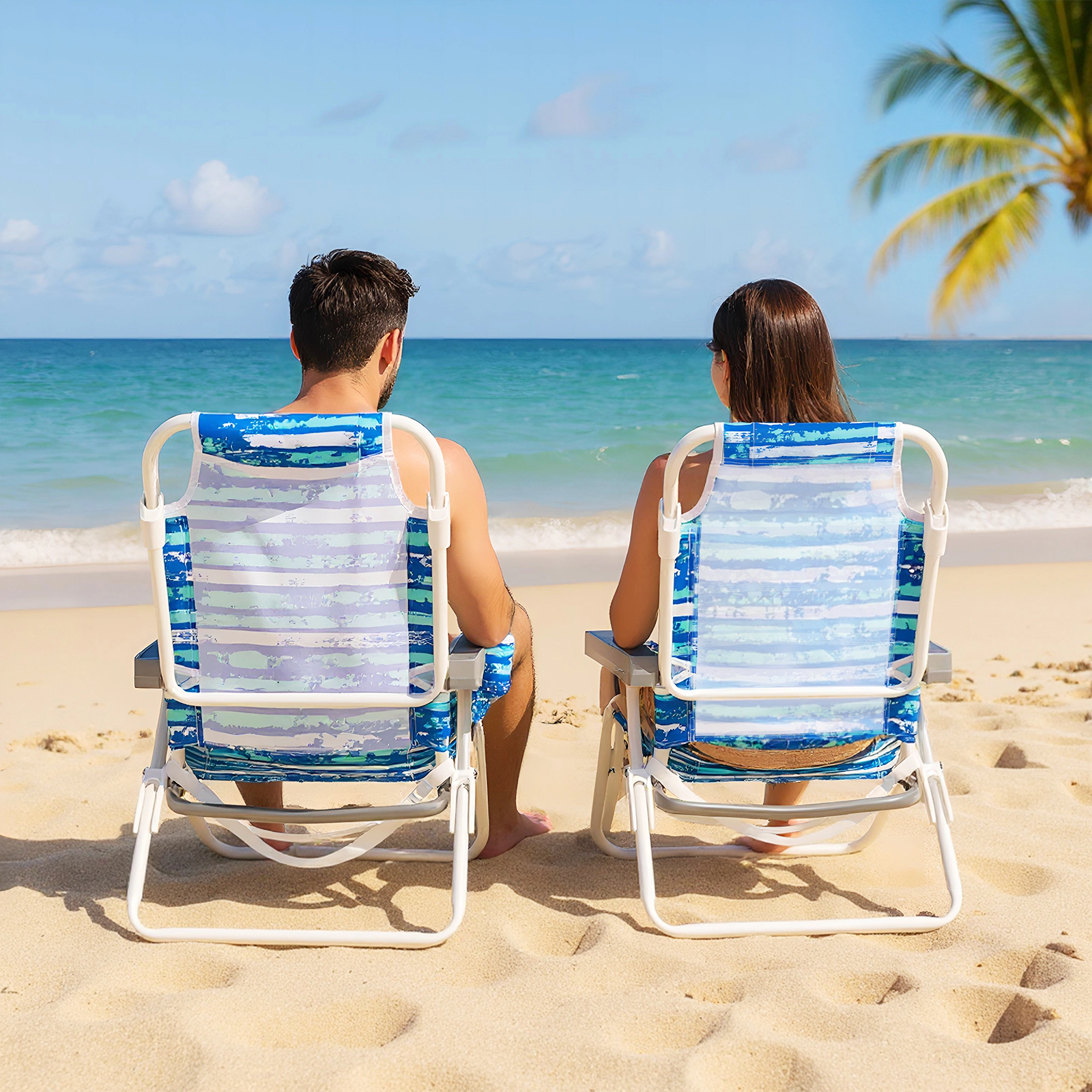 LJG 2 Pack Folding Beach Chair with Adjustable Positions and Head Pillow