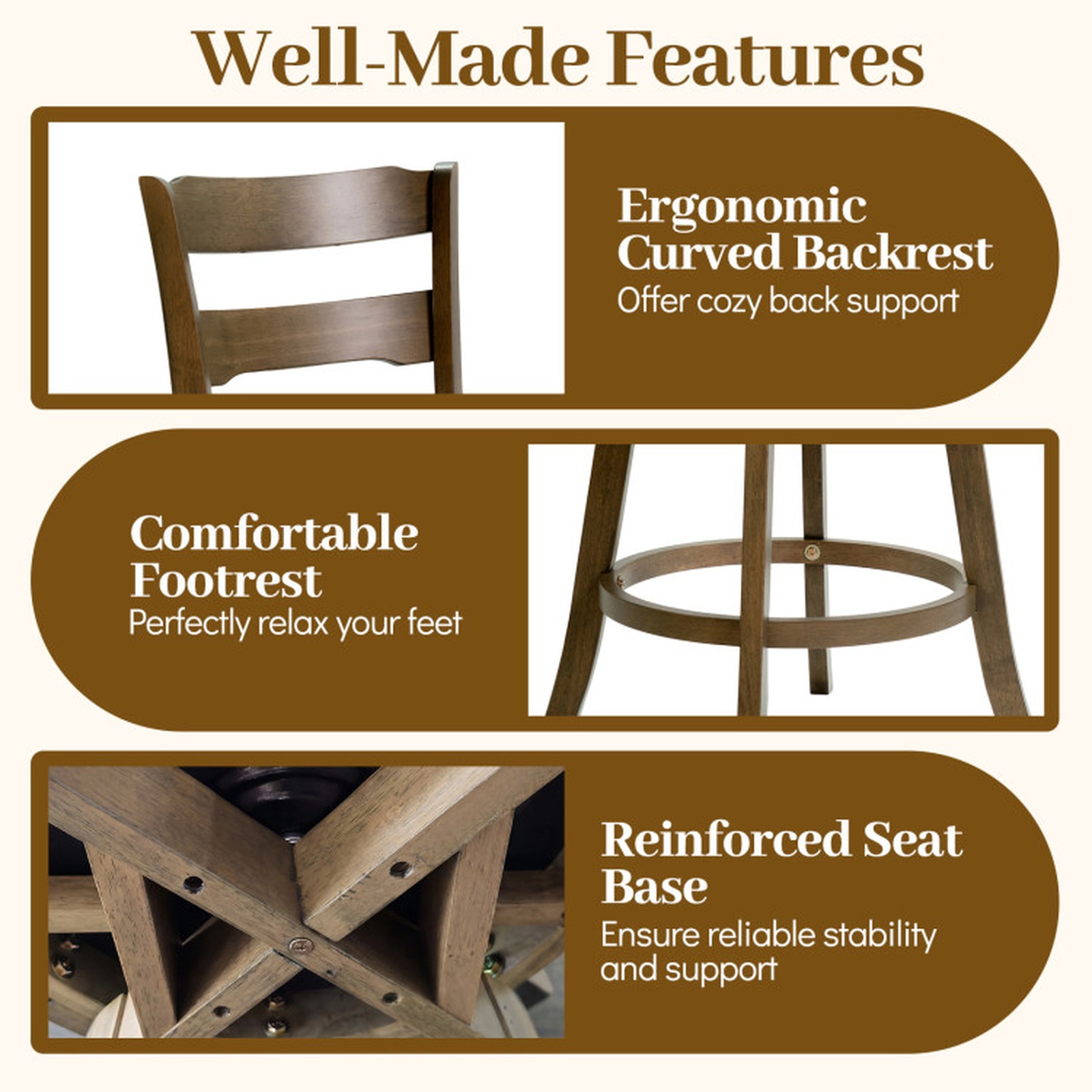 SUGIFT Ash Wood Frame and Upholstered Seat Set of 4 Sand 30.5 in Swivel Bar Stools