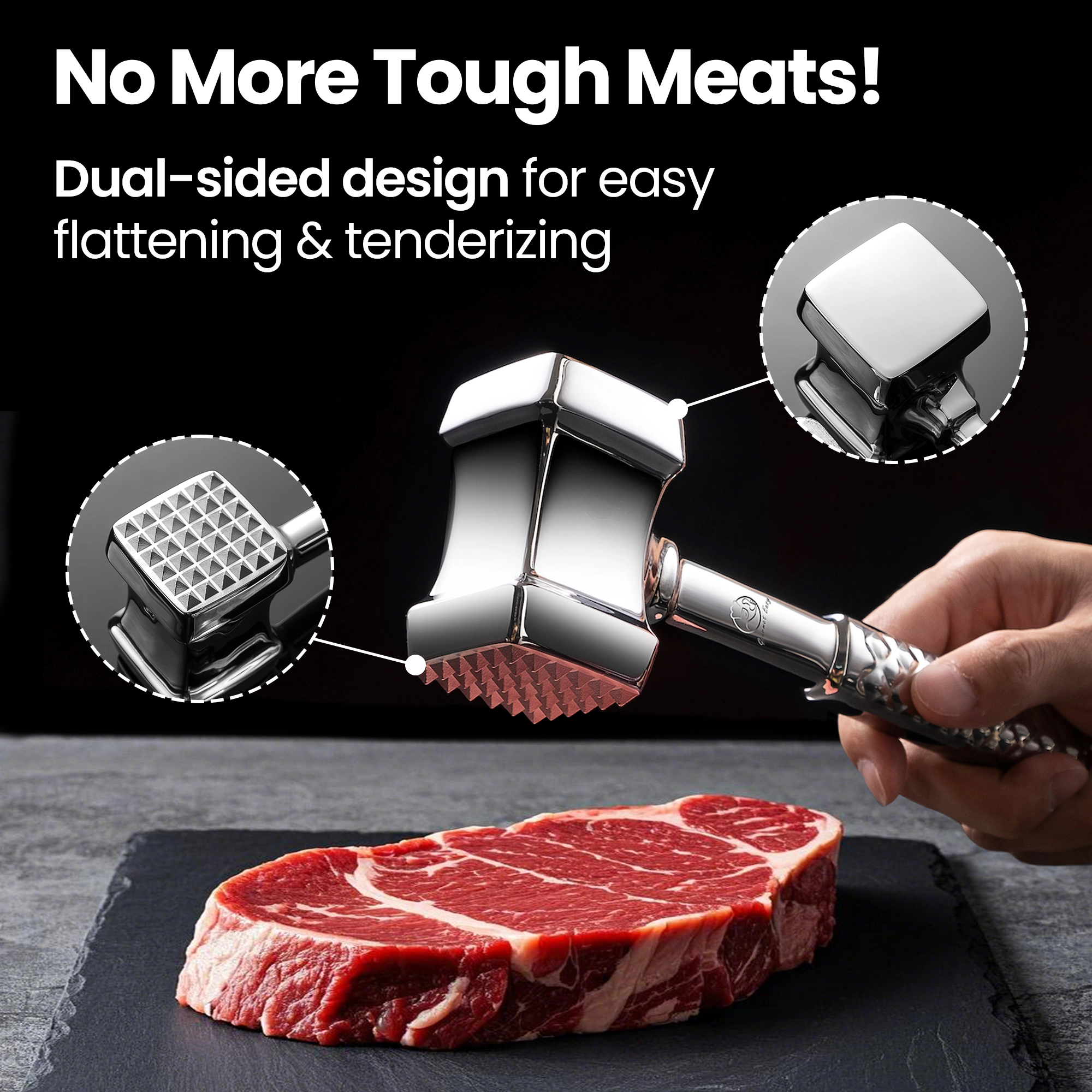 Gourmet Easy Stainless Steel Meat Tenderizer Tool, Meat Mallet, Dual-sided, Non-Slip