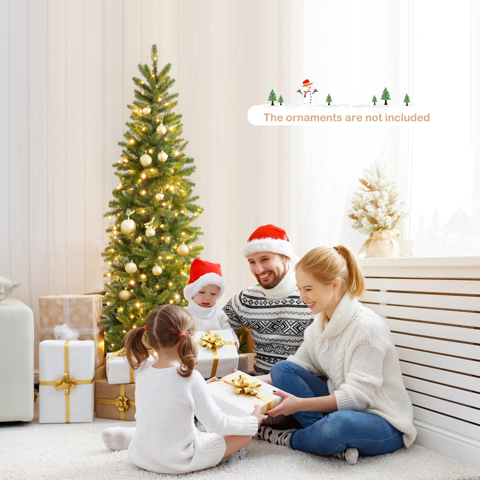 LJG 6 Feet Pre-Lit Artificial Christmas Pencil Tree with 648 PVC PE Branch Tips
