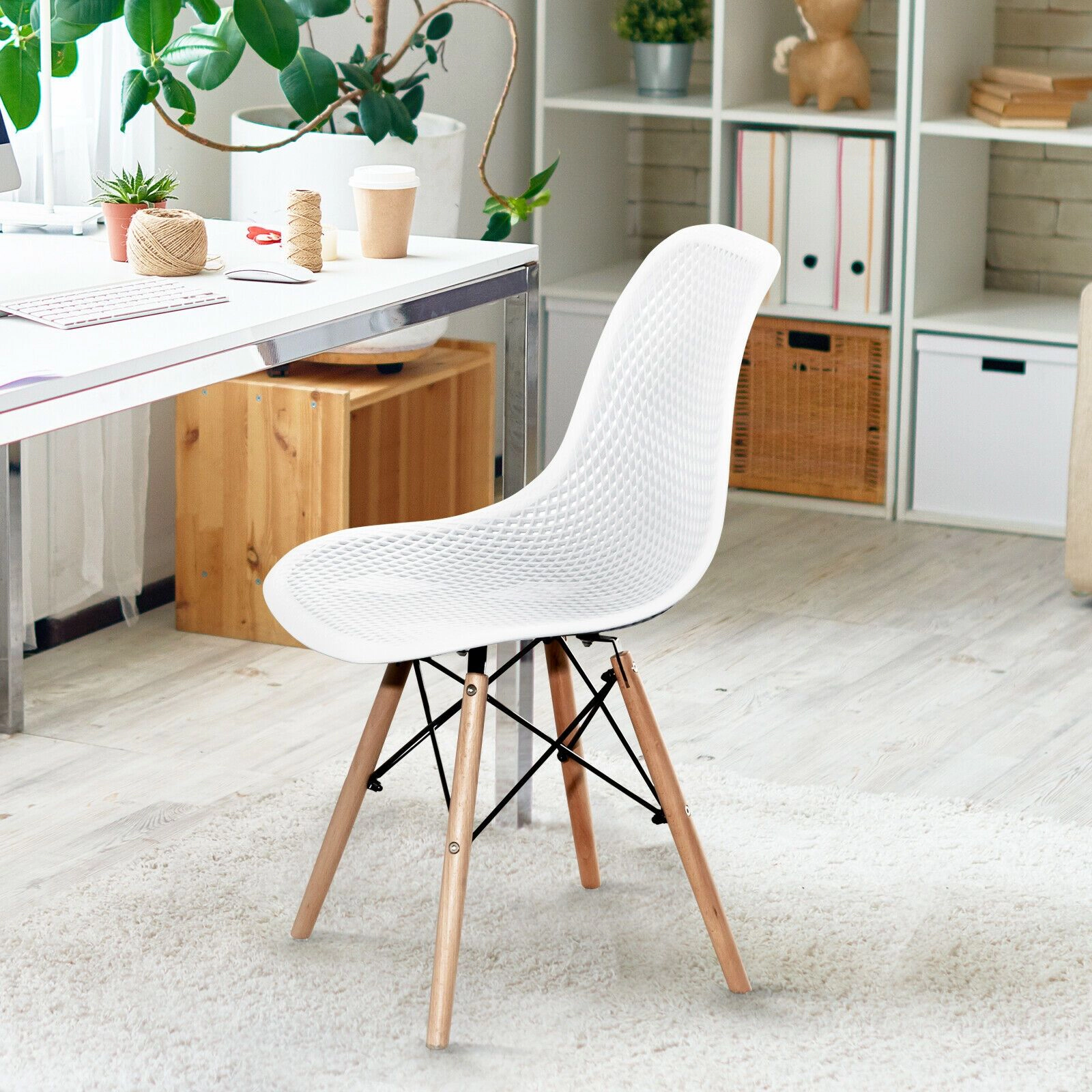 SlickBlue Unisex Set of 4 Hollow Back Plastic Chairs with Wood Legs