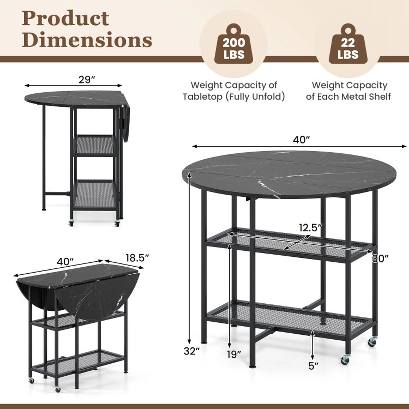 SUGIFT Folding Round Dining Table with Drop Leaves and Lockable Wheels 200-Lb Tabletop Capacity Black+White