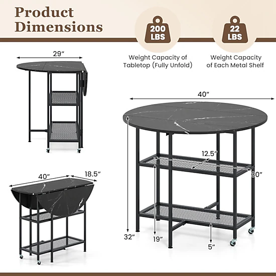 SUGIFT Folding Round Dining Table with Drop Leaves and Lockable Wheels 200-Lb Tabletop Capacity Black+White