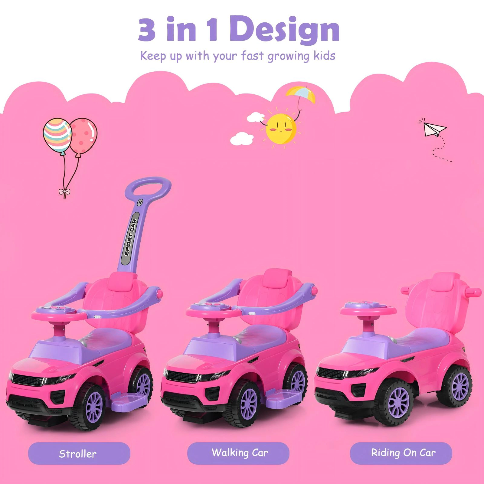 SUGIFT Pink Toddler 3-in-1 Ride-On Push Car Stroller with Music and Storage 35-in W 33-in H 55-lb Rider