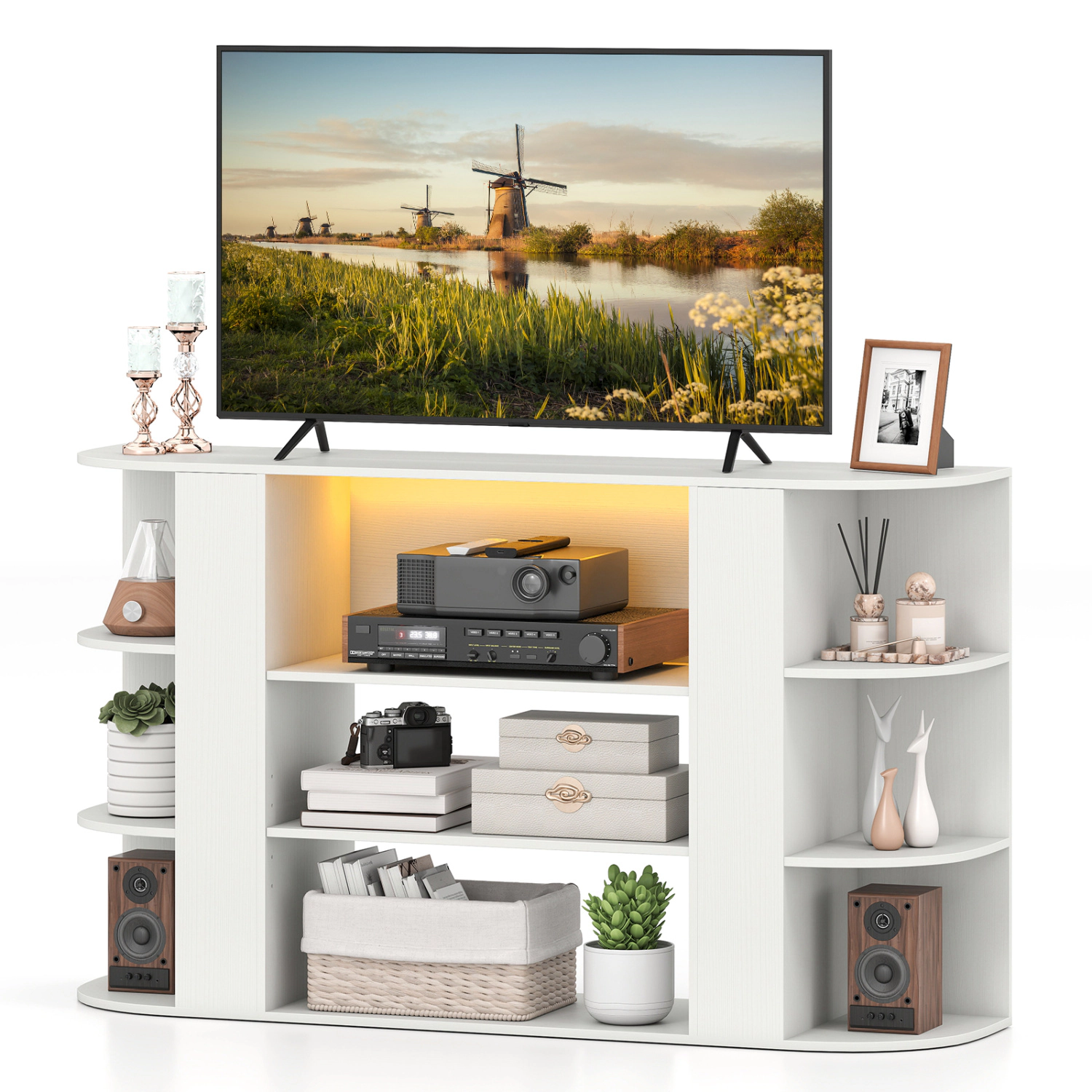 LJG 50 Inch TV Stand for 55 with RGB Lights Entertainment Center Adjustable and Removable Shelf