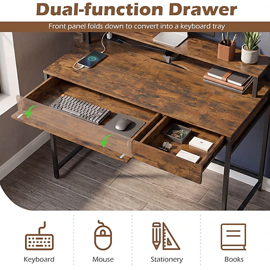 SUGIFT 39.5 in Office Desk Rustic Brown with Removable Monitor Shelf ...
