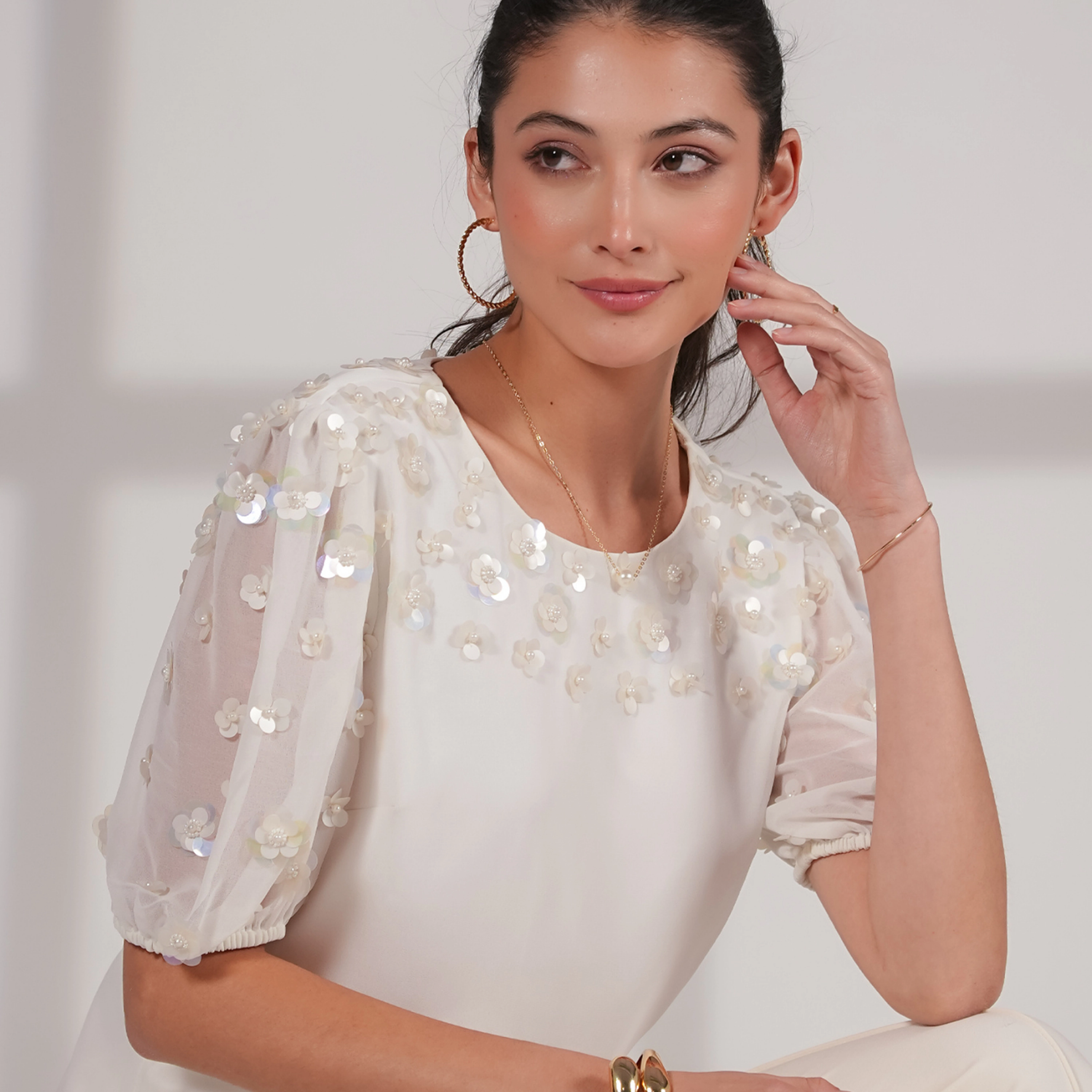 Rose & Nancy Women's Morena Ivory Hand Embellished Top