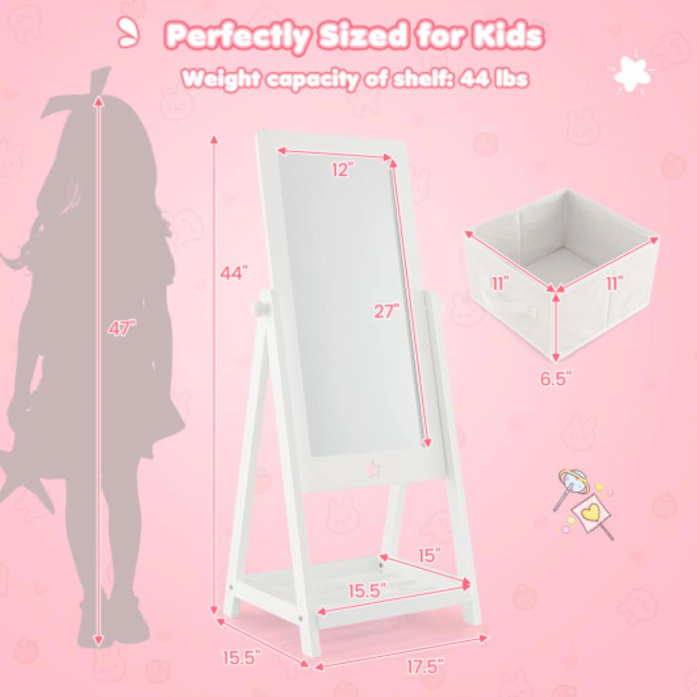 Hivvago Kids Full Length Wooden Standing Mirror With Bottom Shelf And Foldable Storage Bin-White