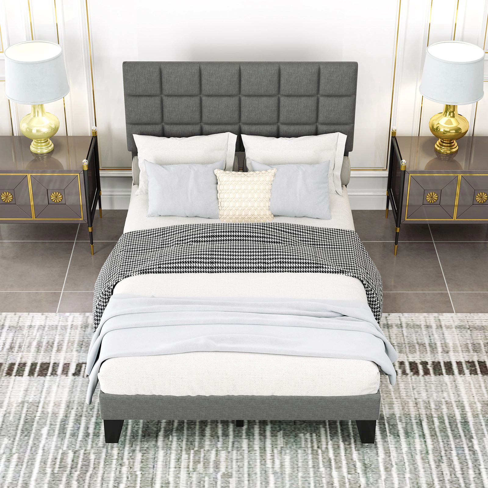 SUGIFT Full Bed Frame, Gray Linen Upholstered Platform Bed with Adjustable Headboard