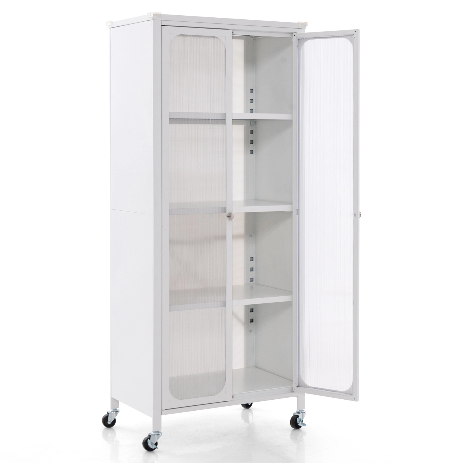 SUGIFT White Wheels and 2 Adjustable Shelves Glass Door Storage Cabinet