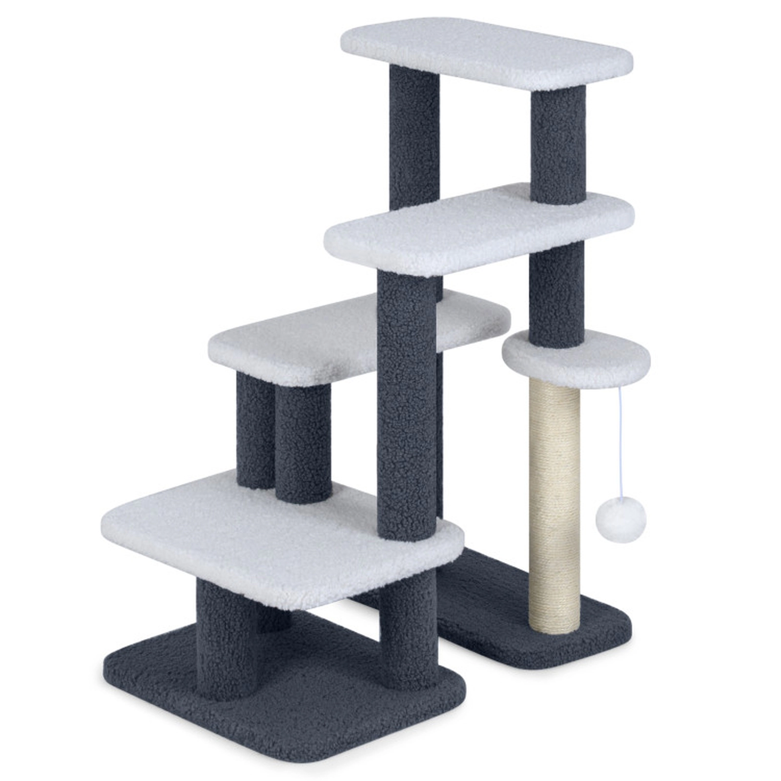 SUGIFT 2-in-1 Cat Stairs Cat Tree Tower with Scratching Posts and Hanging Toy Ball 33-lb Capacity Gray
