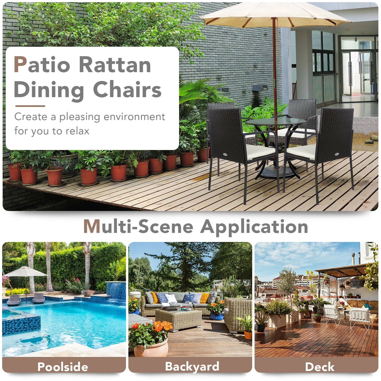 LJG 4 Pieces Patio Wicker Rattan Dining Set with Comfy Cushions