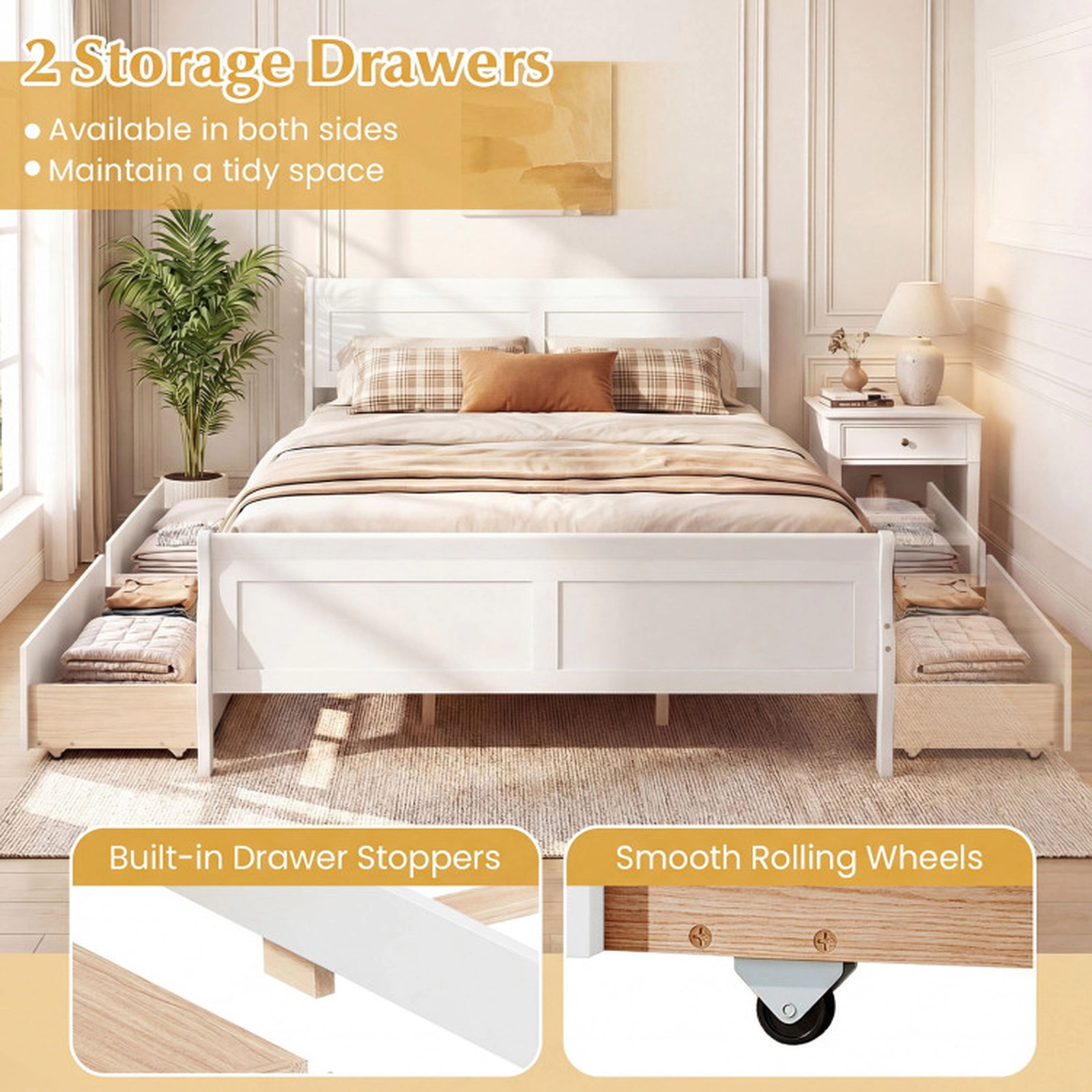 SUGIFT Modern Headboard Queen Bed Frame with 2 Storage Drawers and Footboard 350-Lb Capacity White