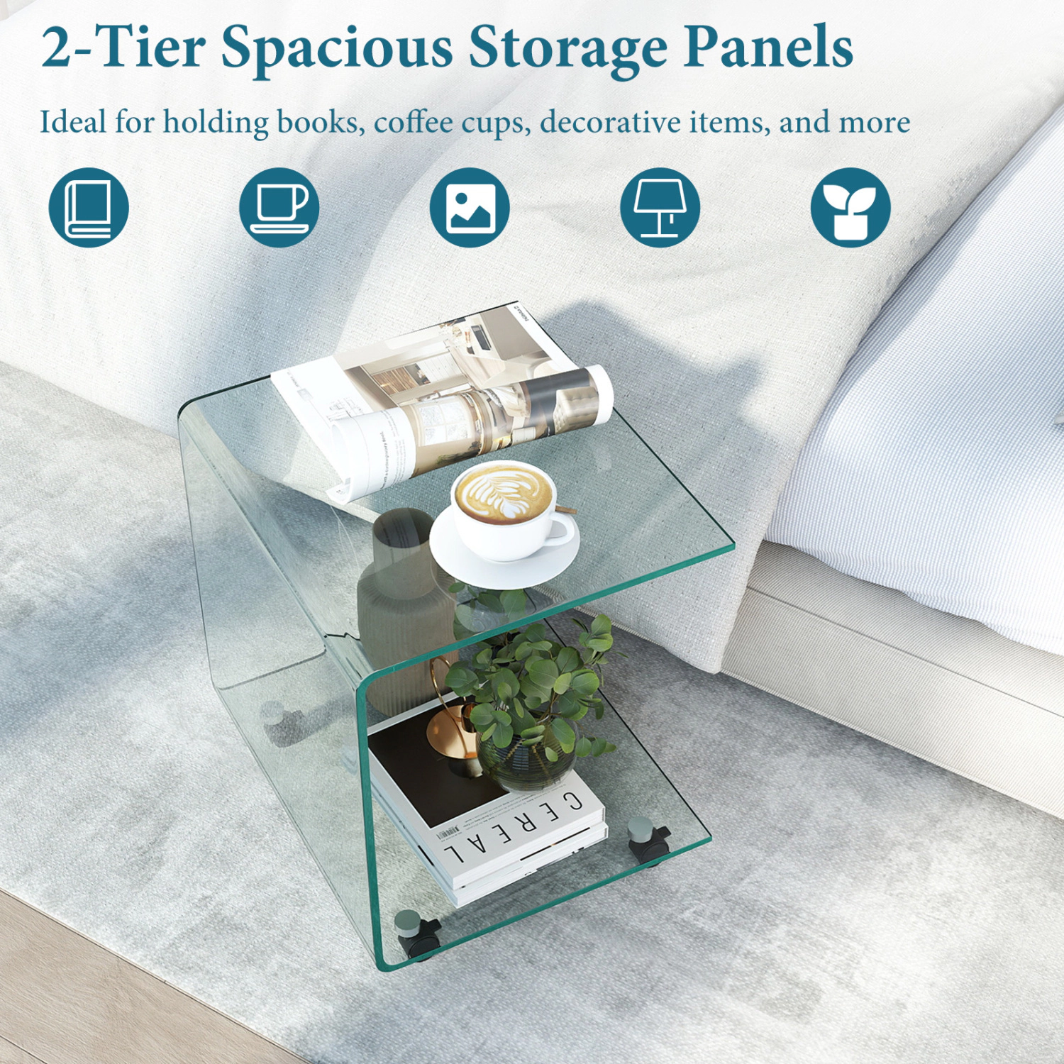 Glintex C-Shaped Tempered Glass Side Table with Detachable Swivel Locking Wheels