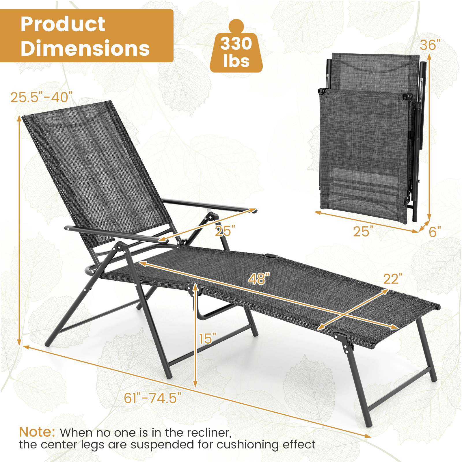SUGIFT Gray 6-Level Backrest 2-Level Footrest 330-lb Set of 2 Folding Patio Chaise Lounge Recliners