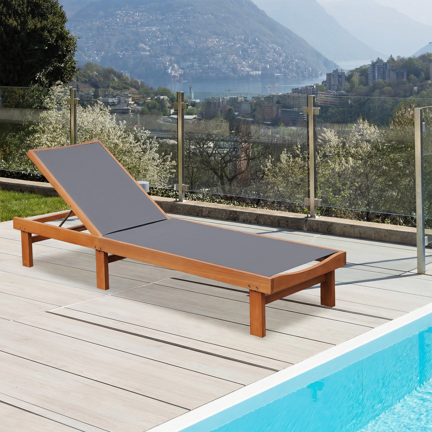LJG Outdoor Wood Chaise Lounge Chair with 5-Position Adjustable Back