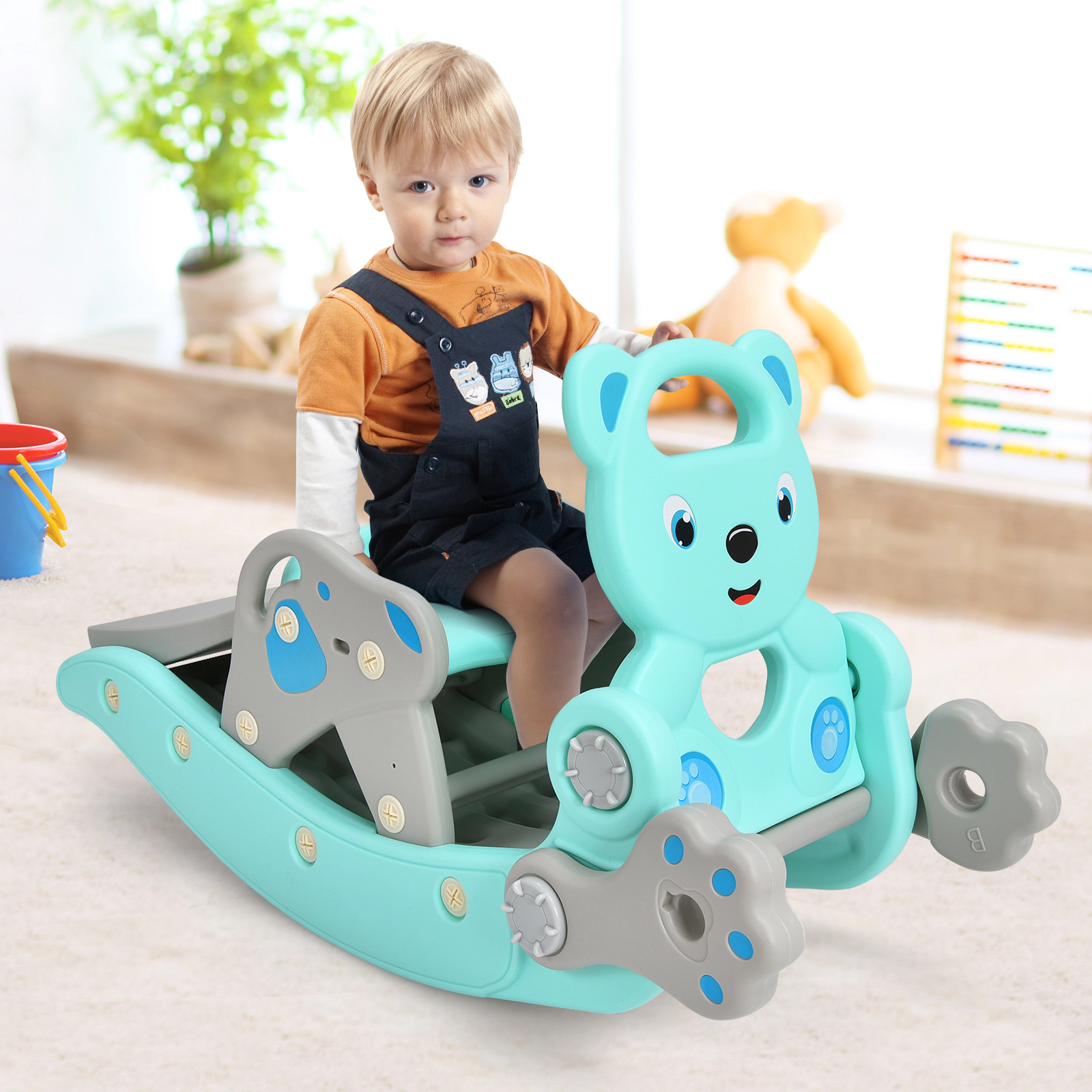 LJG 4-in-1 Toddler Slide and Rocking Horse Playset with Basketball Hoop