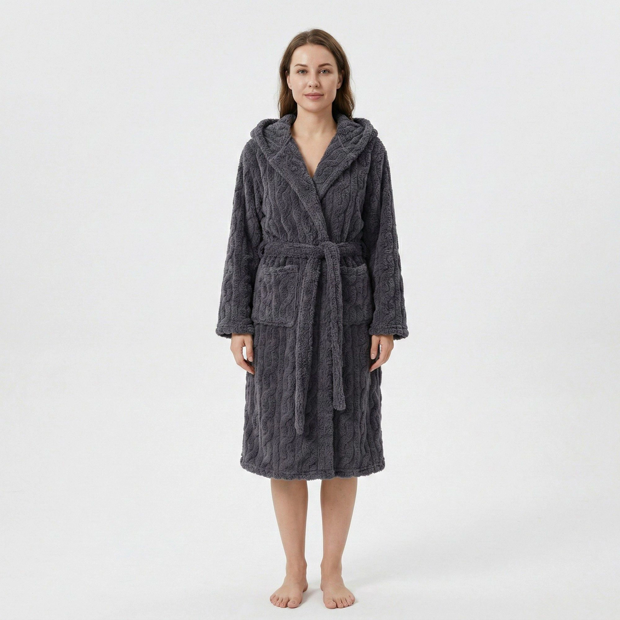 Anna-Kaci Women's Plush Hooded Bathrobe Textured Cable Pattern Long Wrap Design Adjustable Waist Tie and Front Pockets