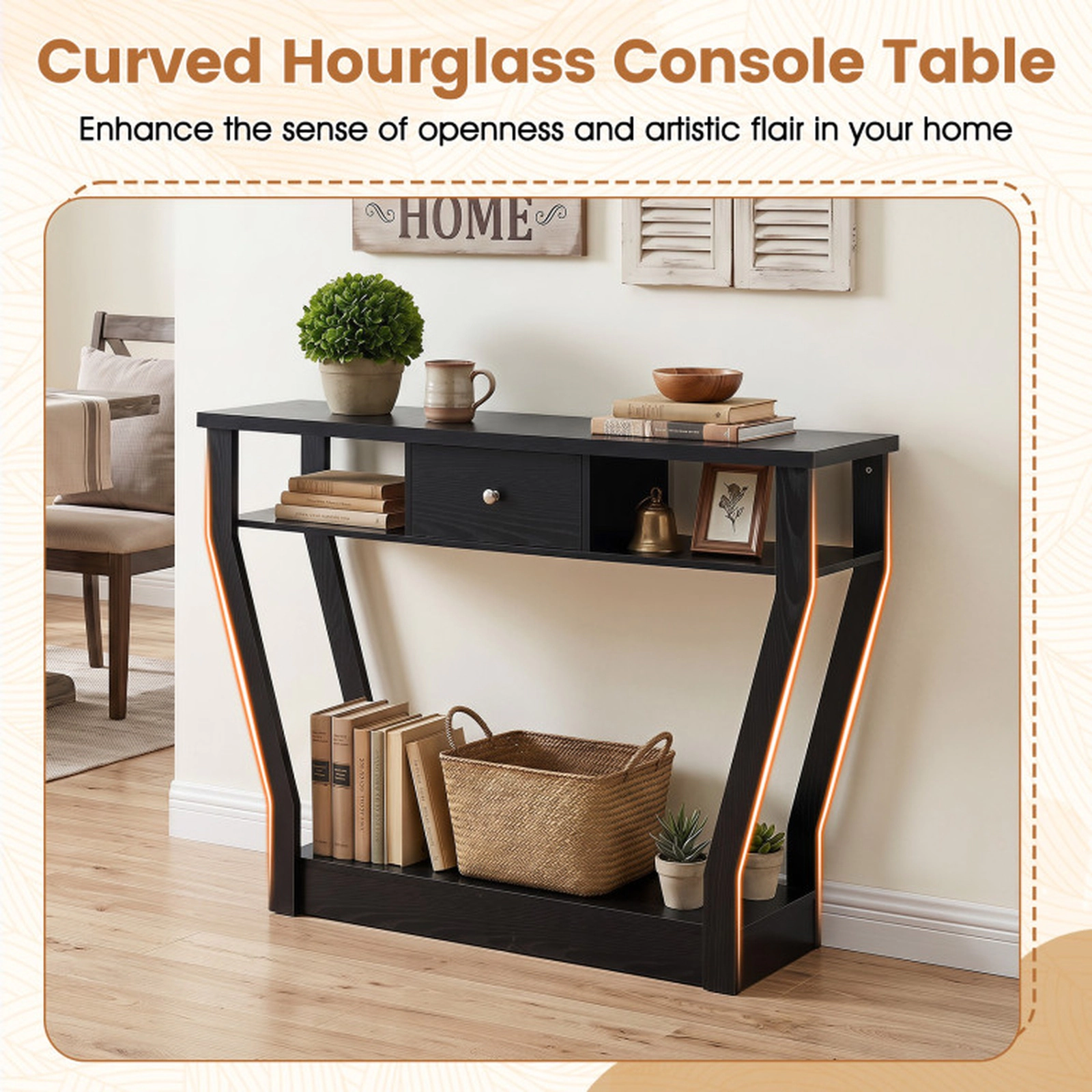 SUGIFT 3-Tier Curved Legs Storage Drawer Open Shelf Hall Console Table 43-in x 12-in x 32-in 66-lb Capacity Black