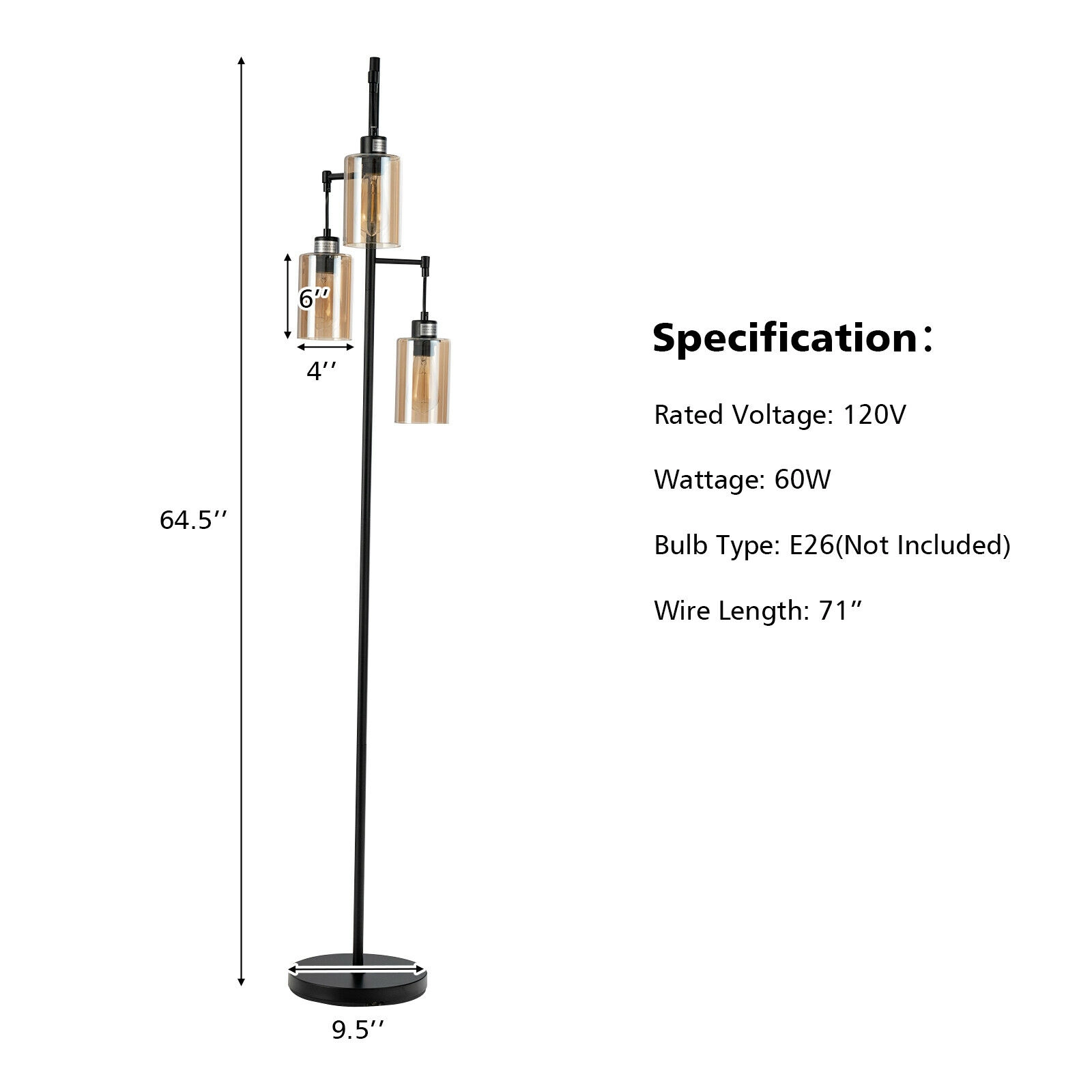 SlickBlue 3 Head Retro Floor Lamp with Hanging Amber Glass Shades