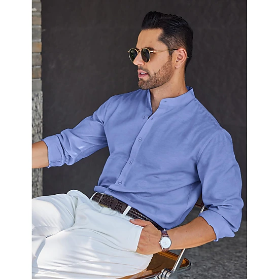 COOFANDY Mens Casual Long Sleeve Shirts Henley Band Collar Button Down Curved Hem