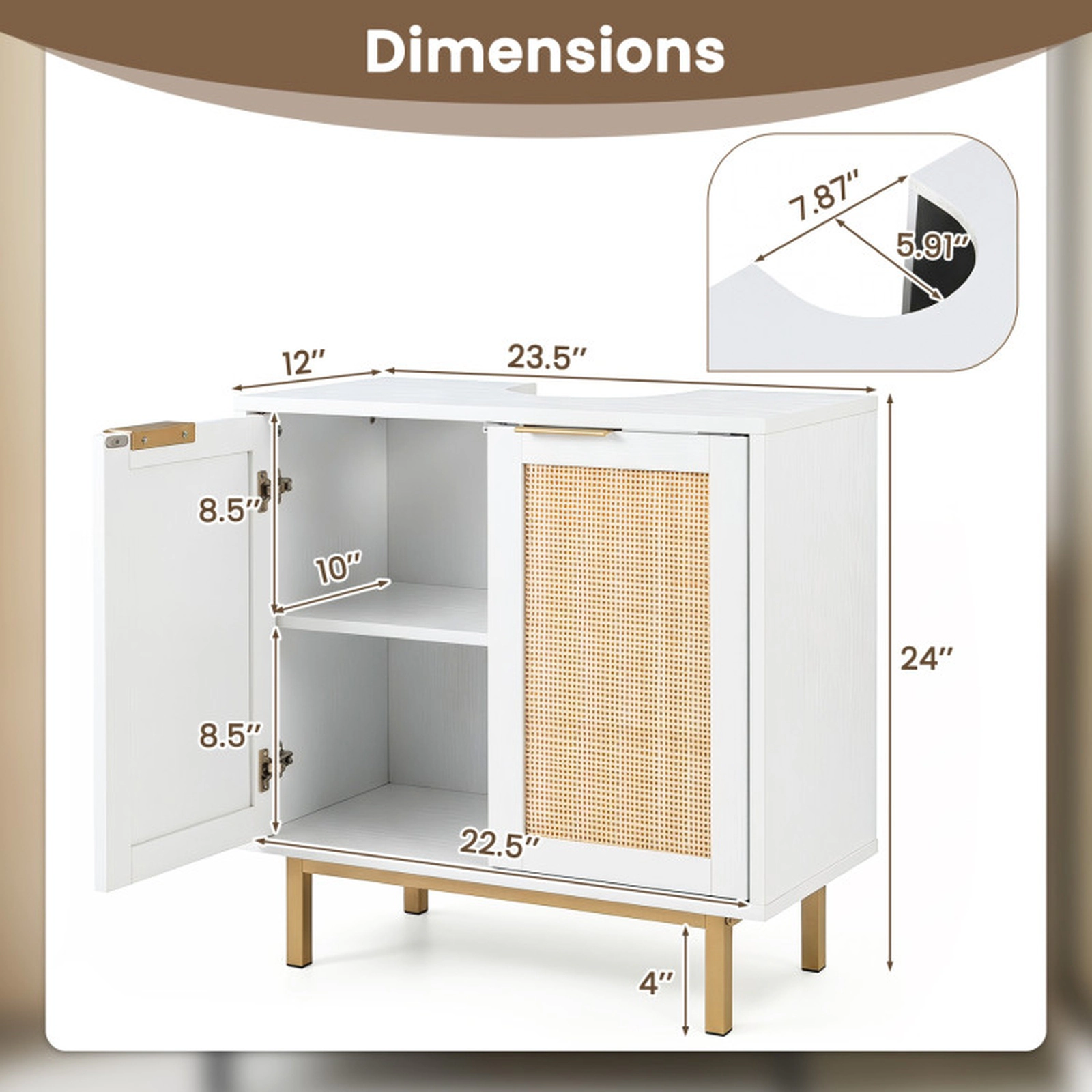 SUGIFT White 66-lb Capacity Rattan Door Bathroom Vanity Cabinet with U-Shaped Cut-Out and Metal Legs