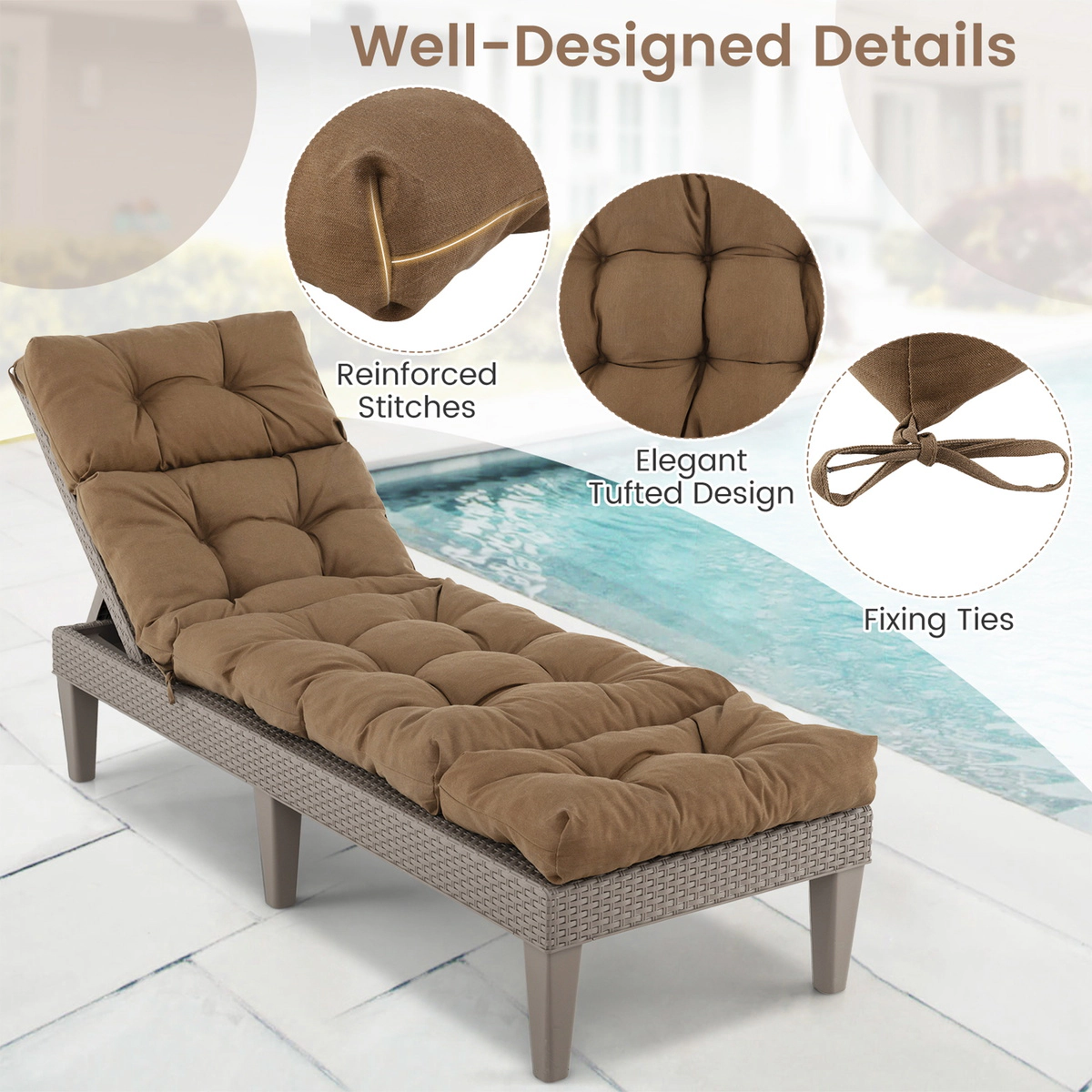 SUGIFT Outdoor Lounge Chaise Cushion with String Ties 73-in Long 4-in Thick Polyester Cotton Garden Poolside Brown